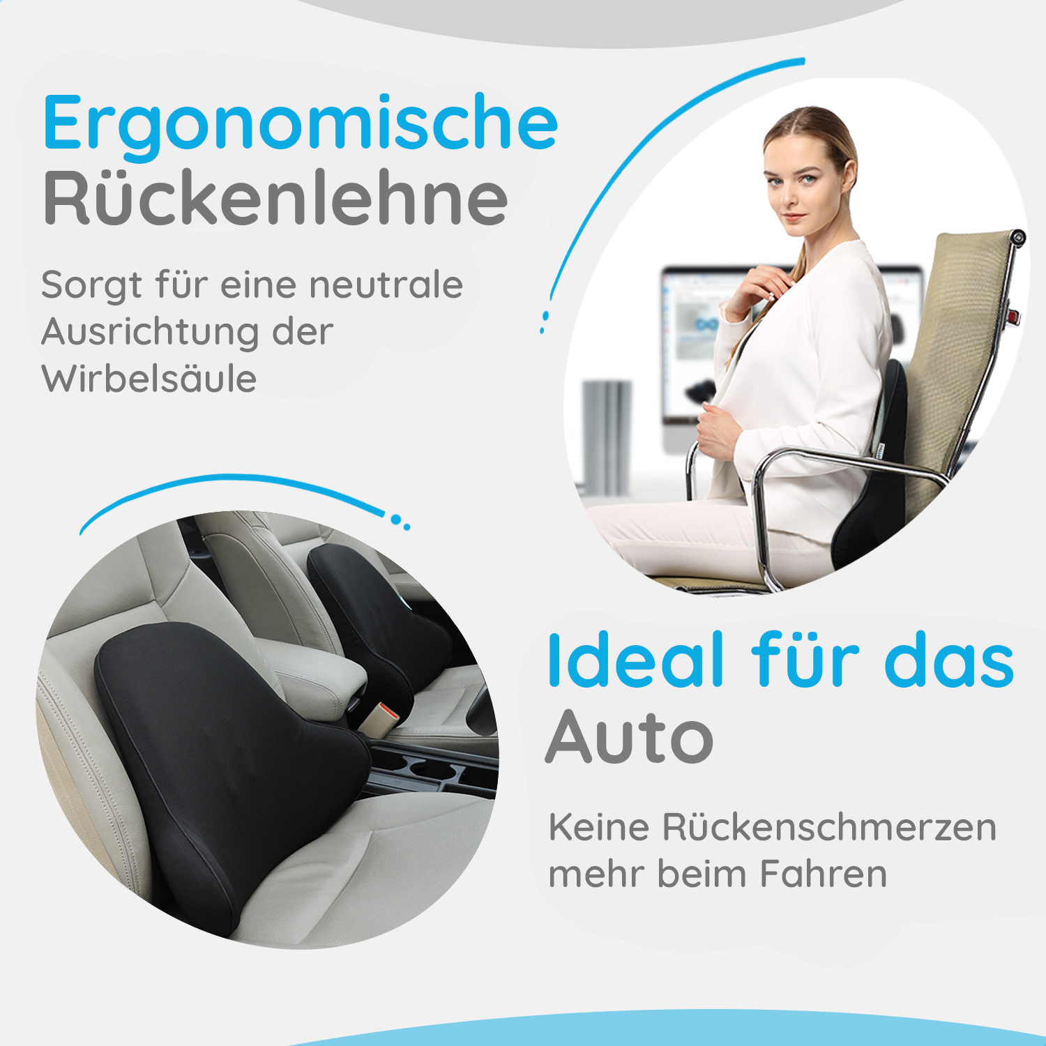 Das Bild zeigt eine Frau in einem Stuhl, einen Autositz mit schwarzer Lendenwirbelstütze und Text, der ergonomische Rückenstütze bewirbt.