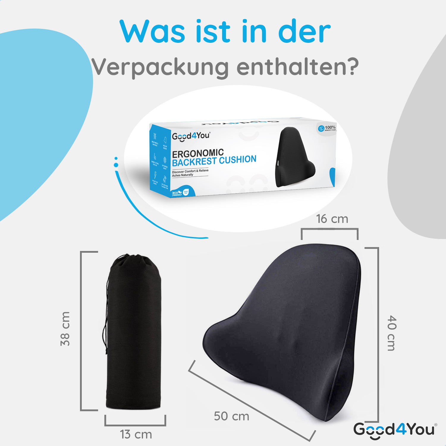 Das Bild zeigt ein Rückenstützkissen, seine Verpackung und eine Tragetasche. Abmessungen sind in cm angegeben.