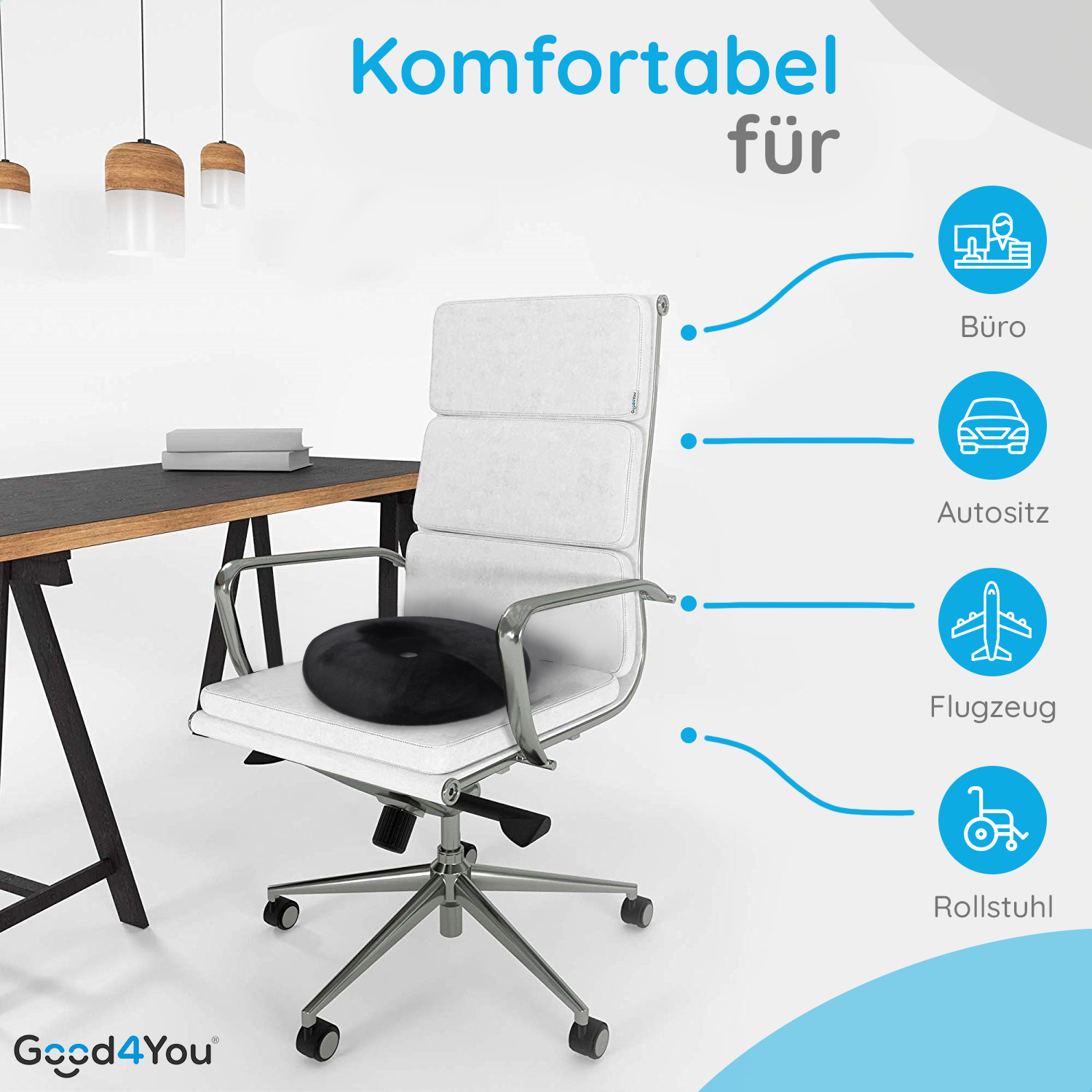 Ein weißer Bürostuhl mit schwarzem Kissen, ein schwarzer Schreibtisch und ein Schild mit Optionen für Büro, Auto, Flugzeug und Rollstuhl.