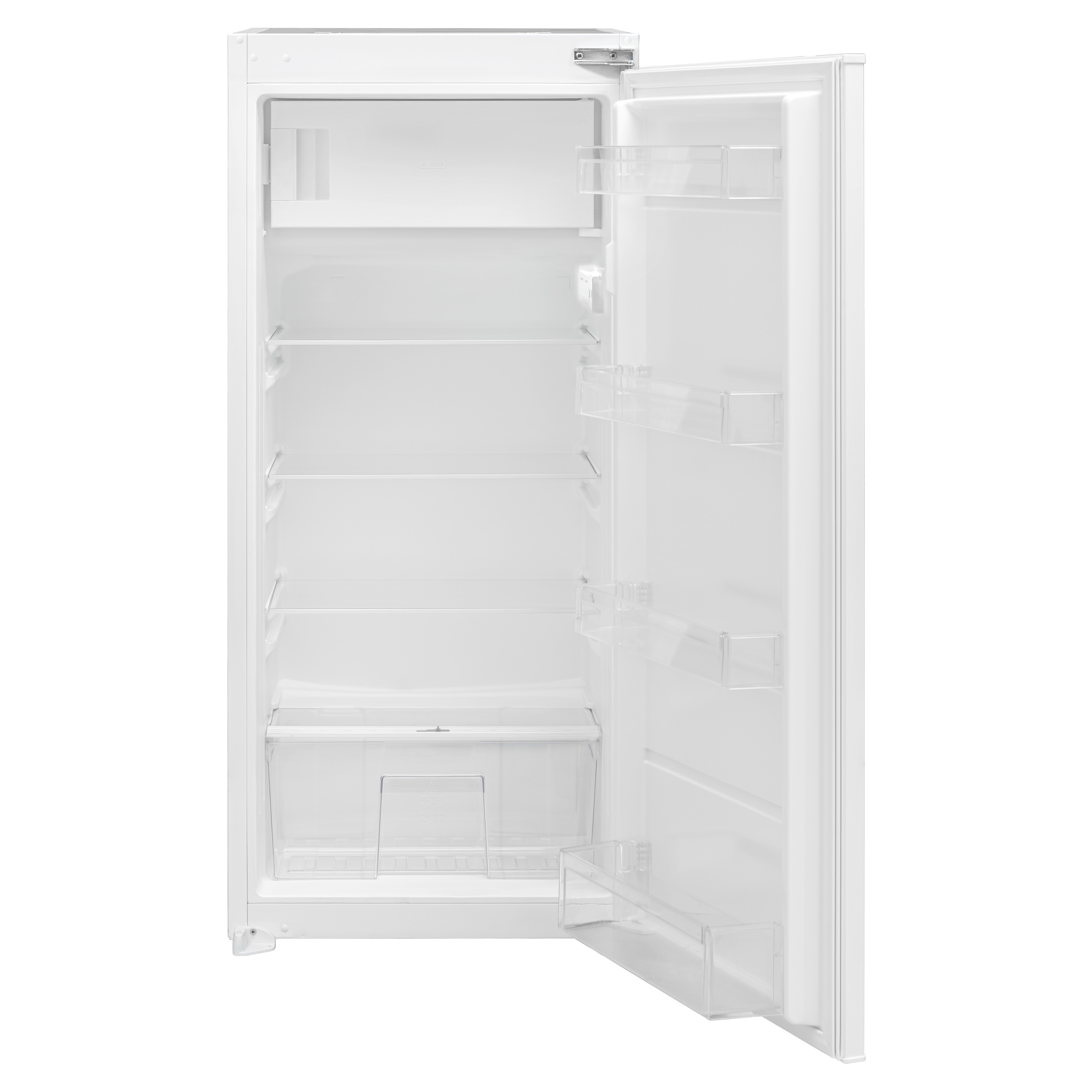 An open white refrigerator with empty shelves and transparent door compartments is seen against a white background.