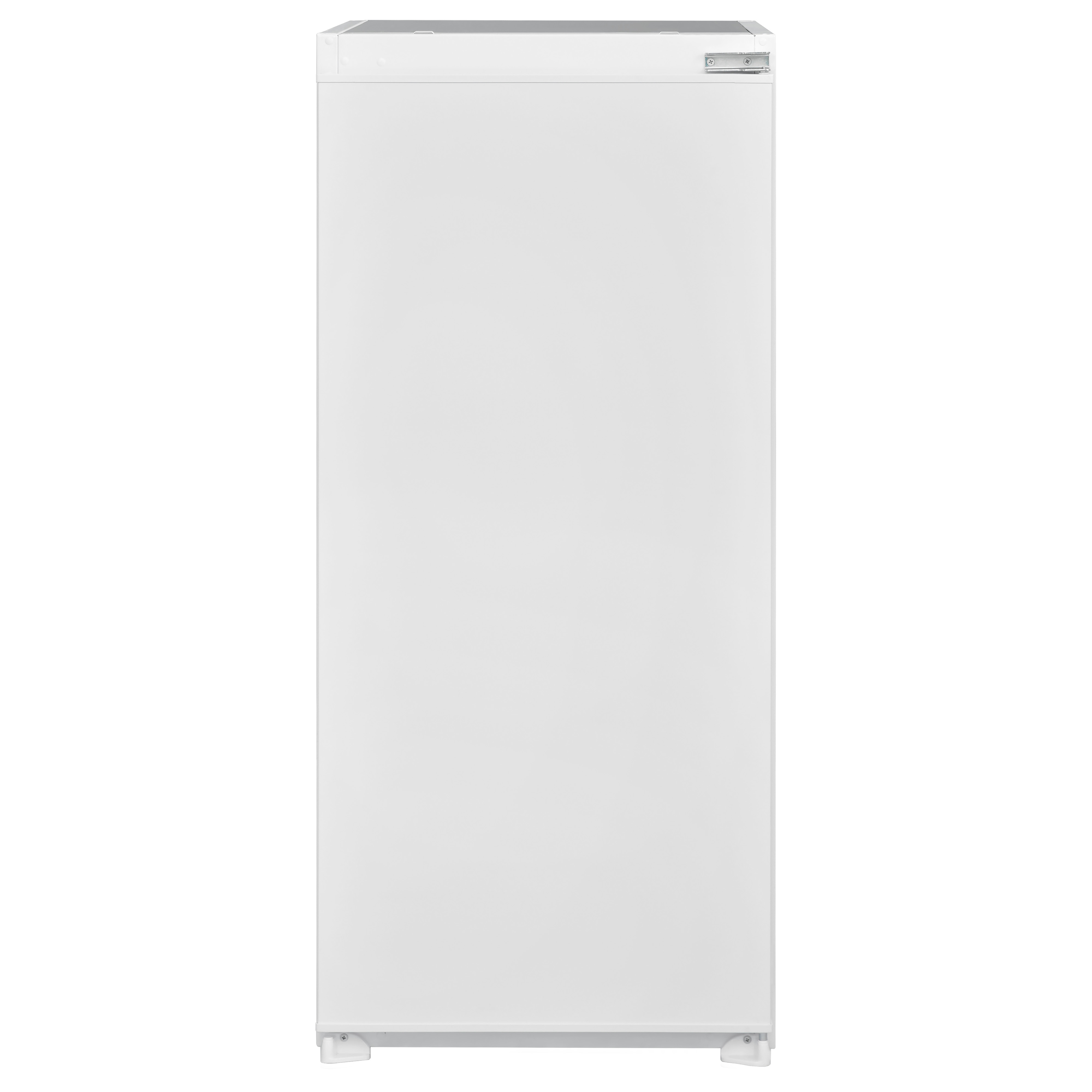 A white refrigerator is against a white background. It has a door and a handle. The top has a silver trim.