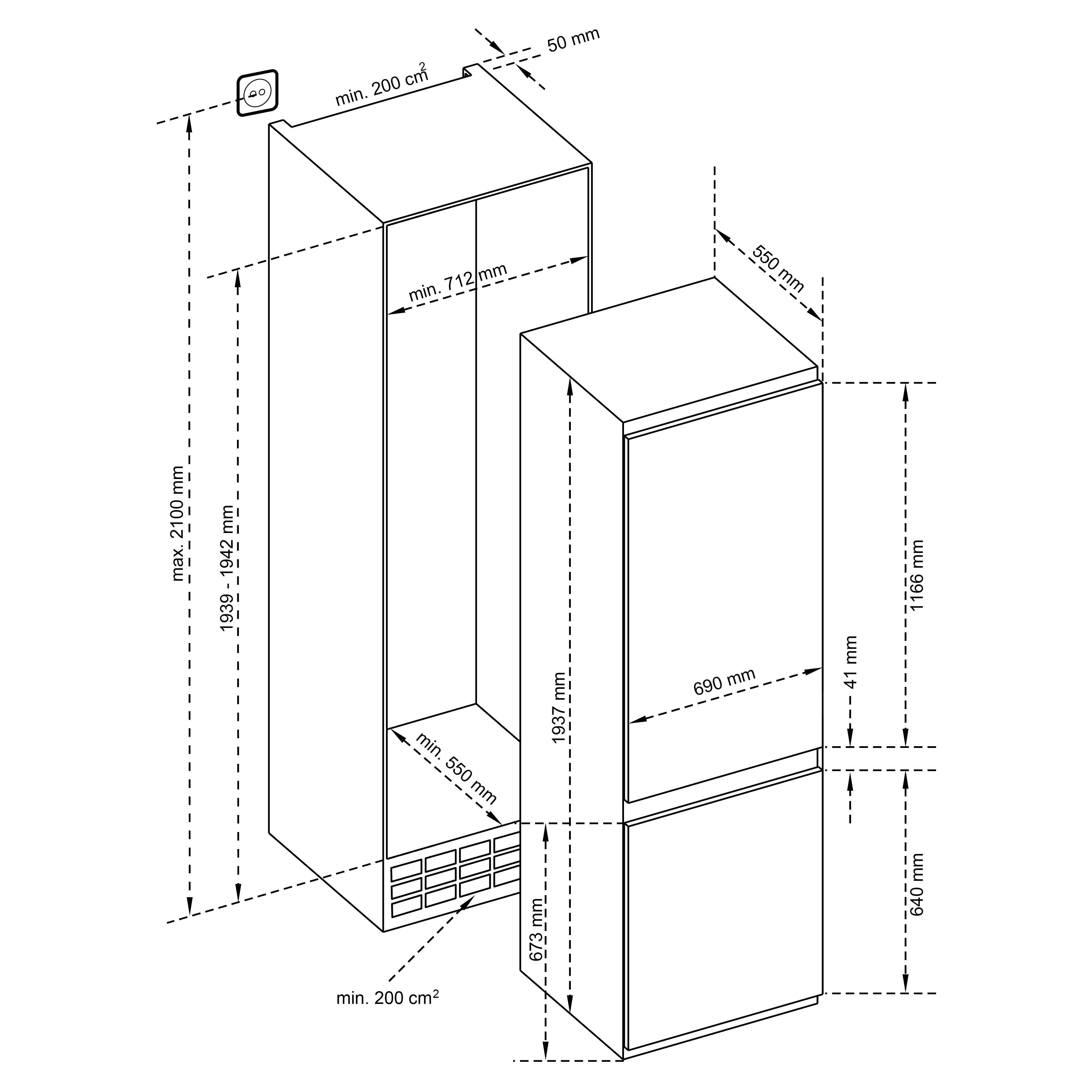 Diagram van een koelkast met afmetingen in mm. Toont de totale grootte en componentmetingen.