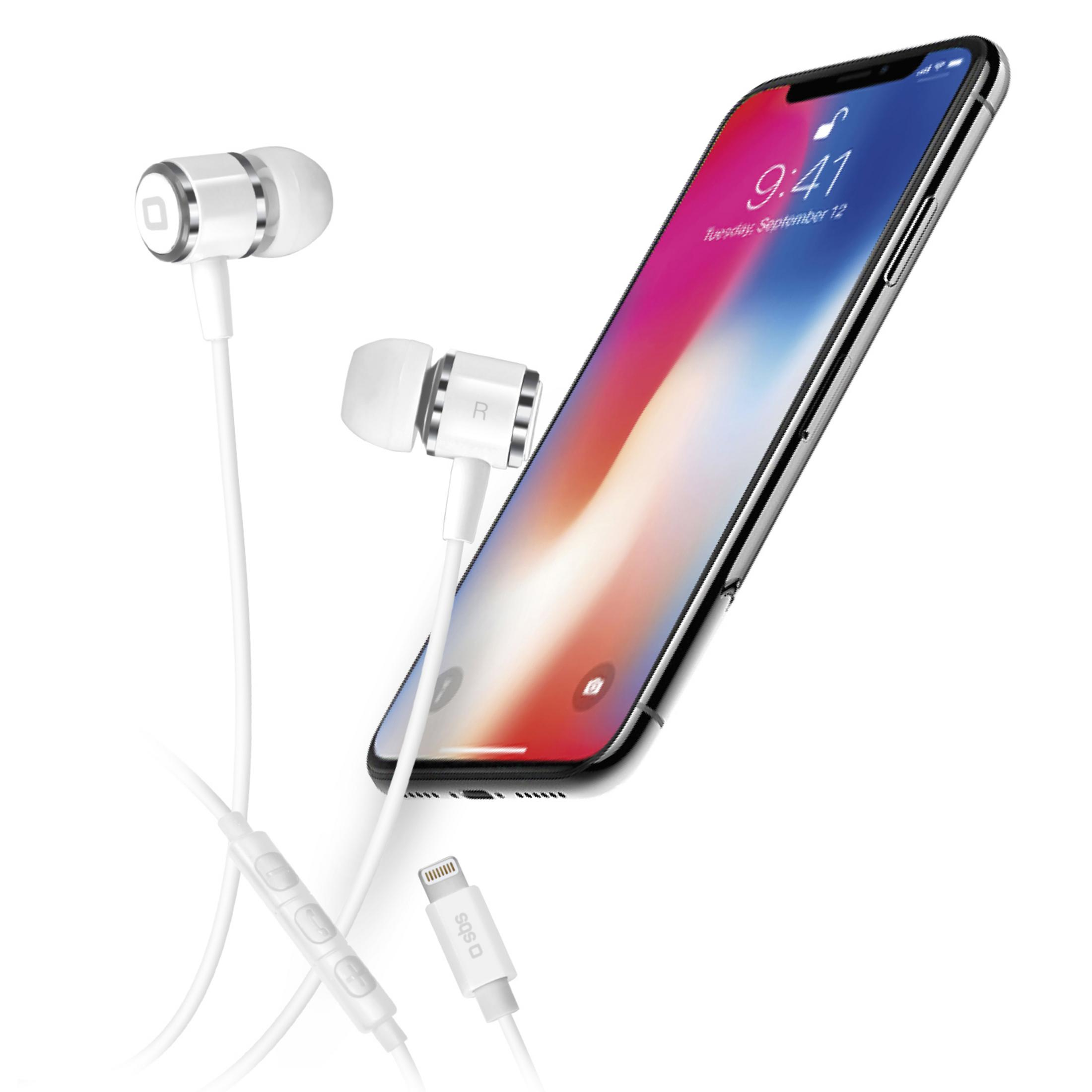 Auriculares blancos y un teléfono. La pantalla del teléfono muestra la hora 9:41. Los auriculares están conectados a un conector.