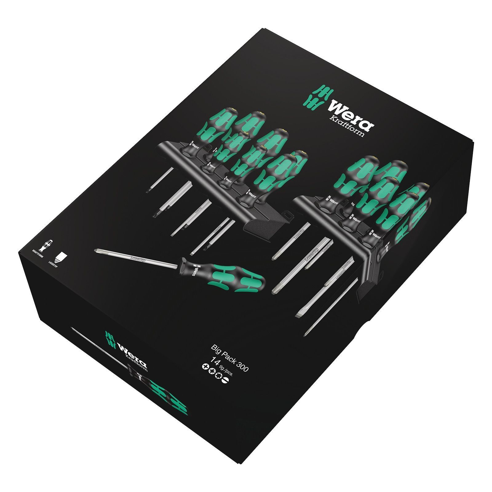 A black box of Wera Kraftform screwdrivers. The set includes various screwdrivers with green handles. The box is angled.