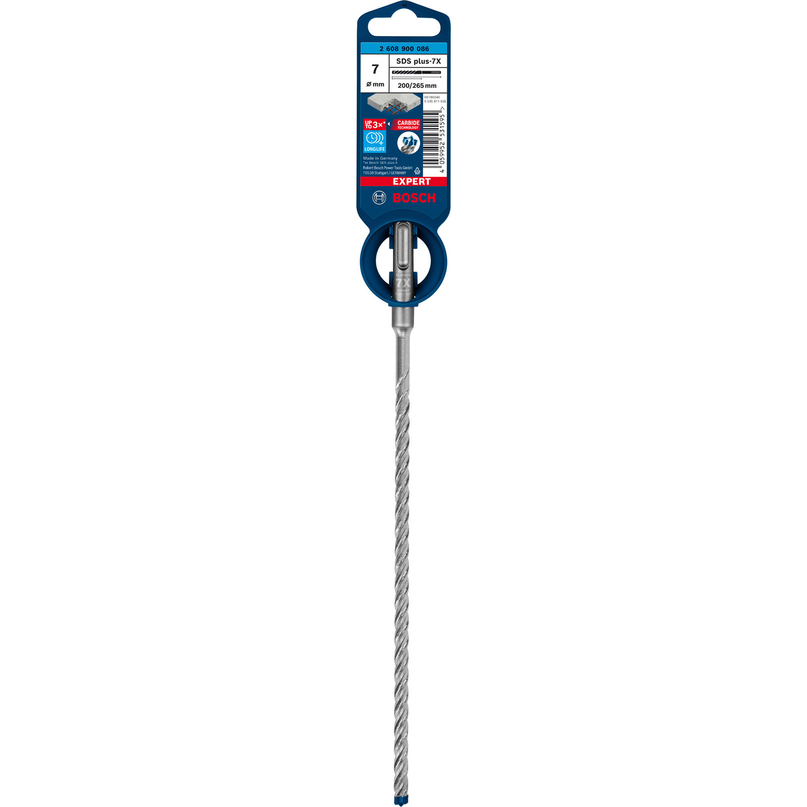 Ein Bosch SDS plus-7X Bohrer. Er hat eine blau-weiße Verpackung. Der Bohrer ist silberfarben und hat ein spiralförmiges Design.