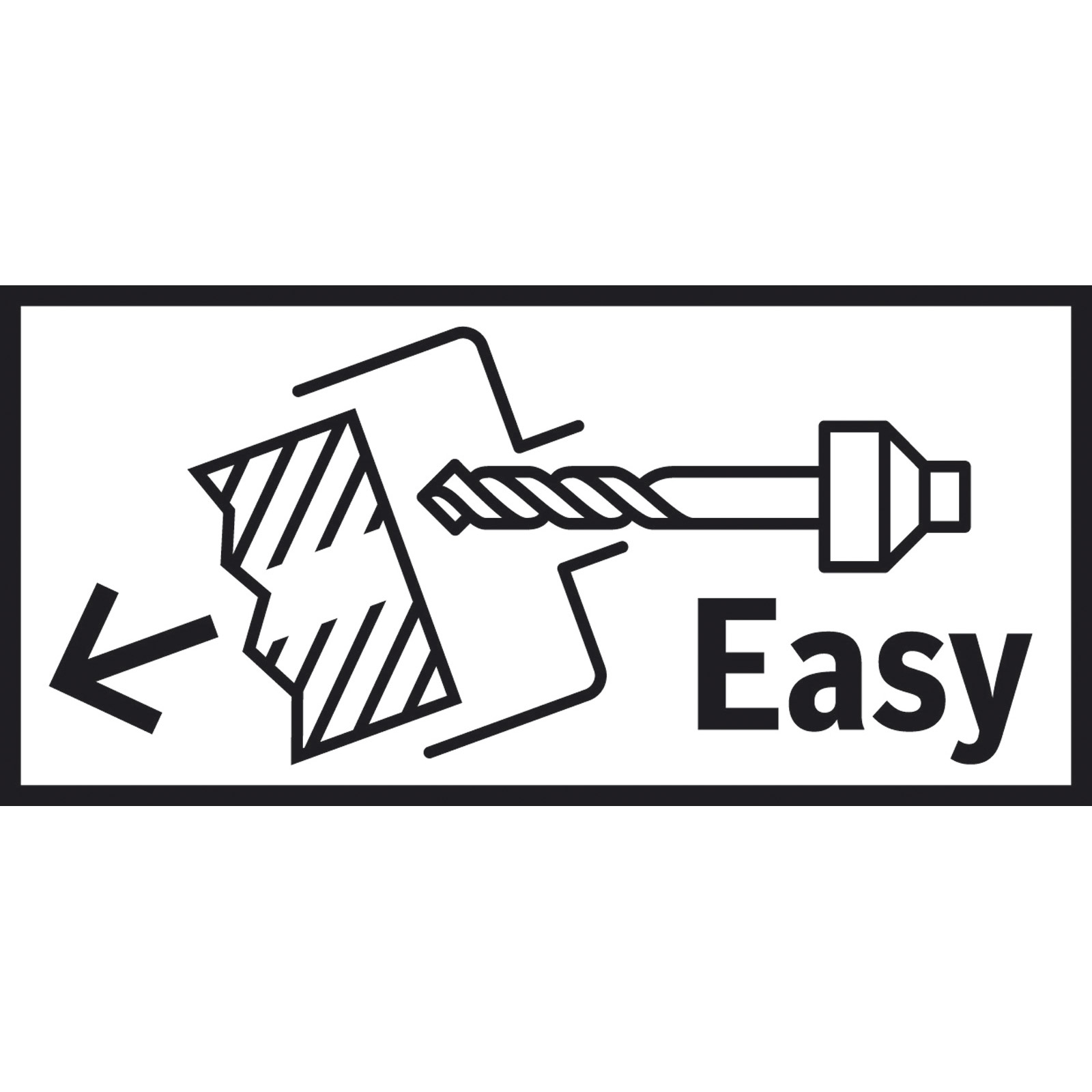 Czarno-biała ilustracja. Wiertło przebija blok. Słowo "Łatwy" pojawia się poniżej. Strzałka wskazuje kierunek.