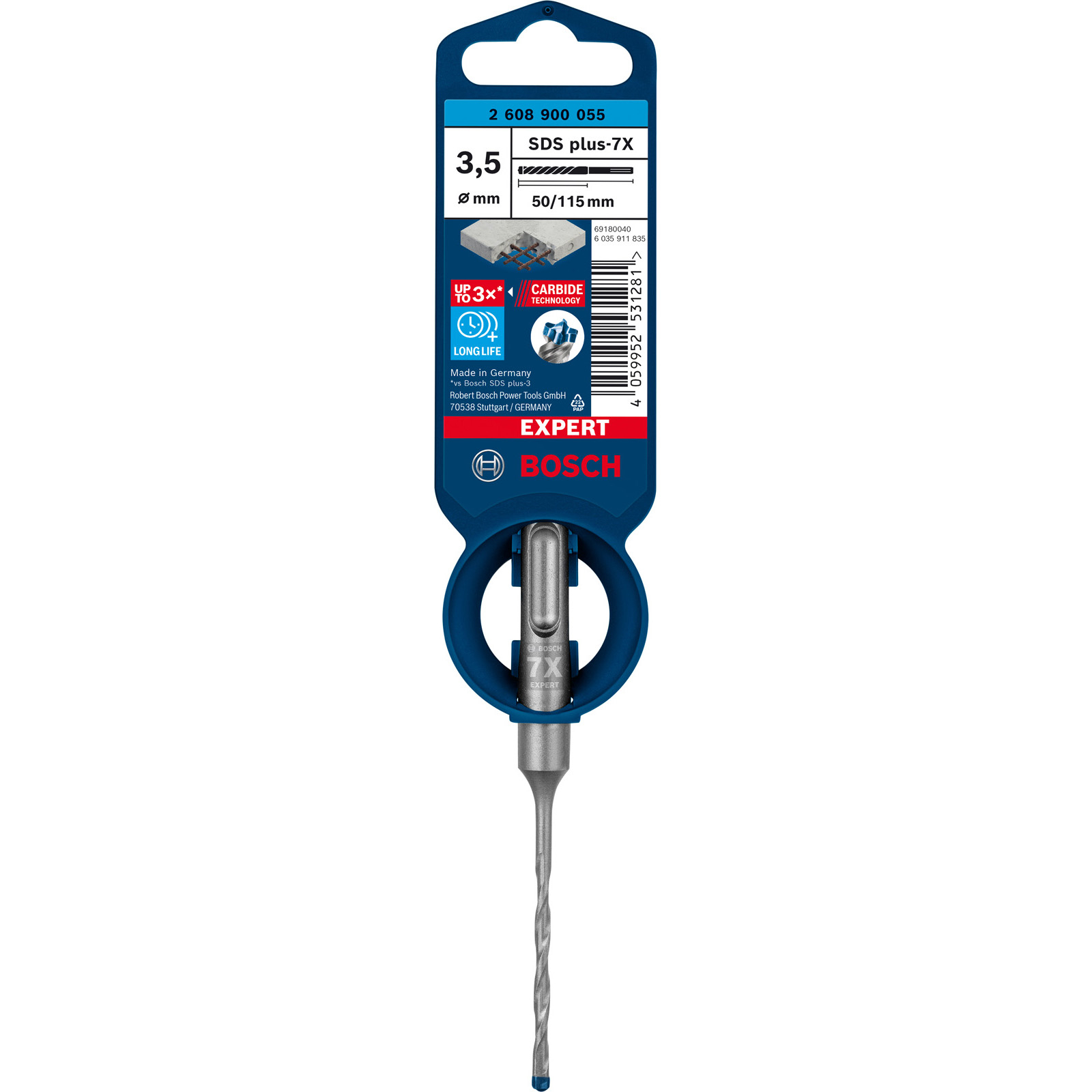 Ein Bosch SDS plus-7X Bohrer. Er hat ein blaues und silbernes Design. Die Verpackung enthält Spezifikationen und das Bosch-Logo.
