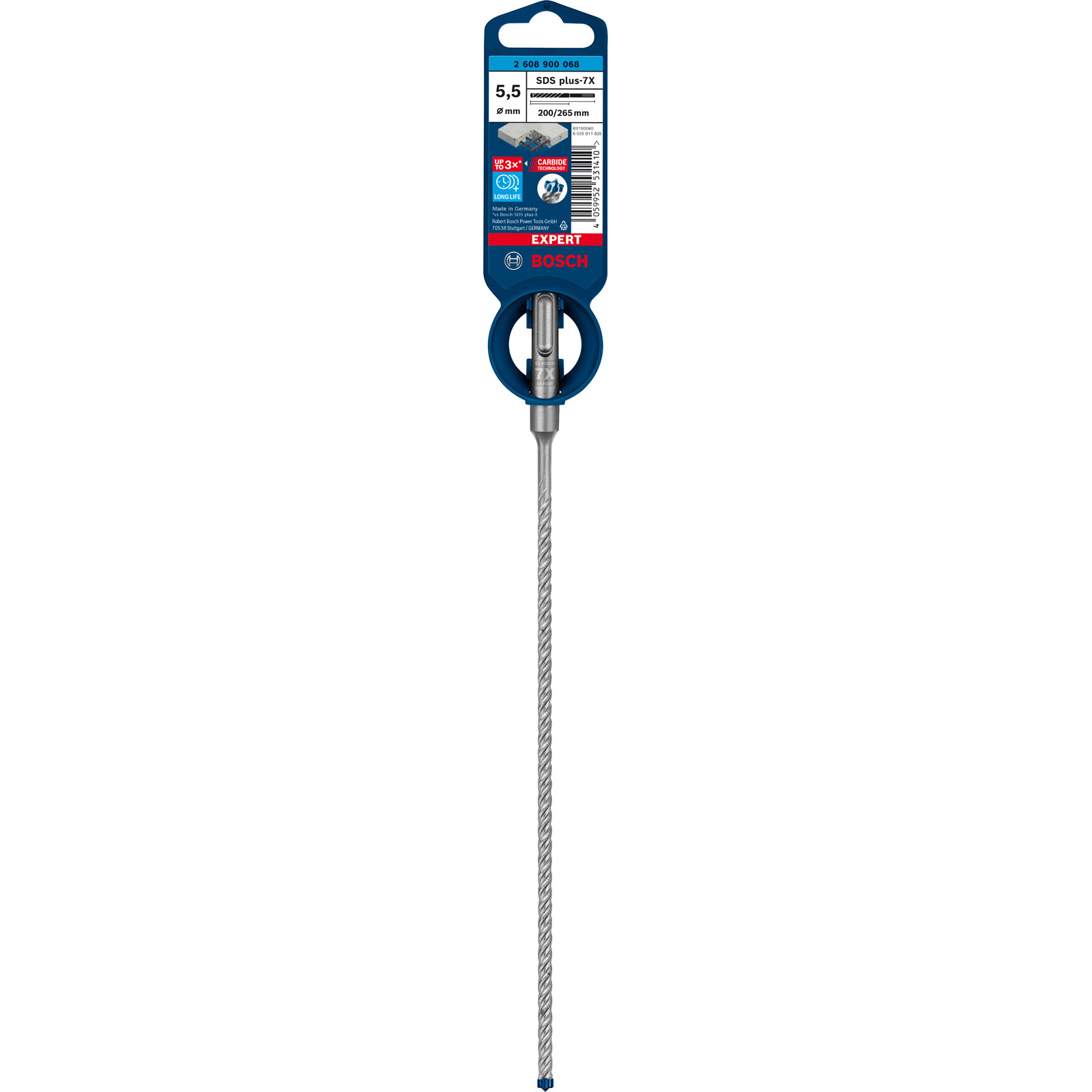 Ein Bosch SDS plus-7X Bohrer. Er ist silbern mit einem dunkelblauen Griff und einer Verpackung mit Produktinformationen.