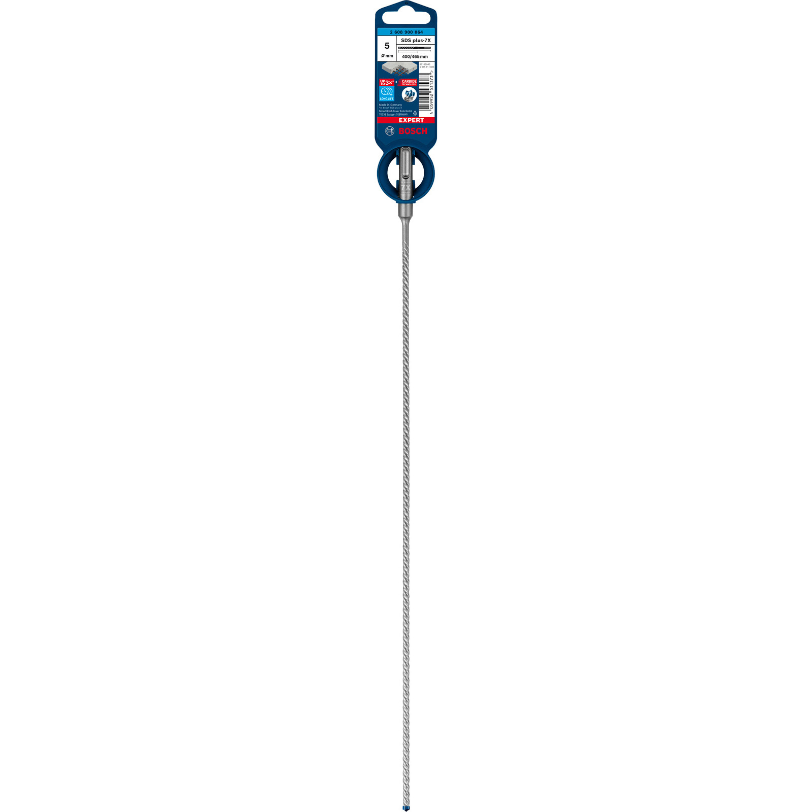 Ein Bosch SDS plus-7X Bohrer auf weißem Hintergrund. Der Bohrer ist in seiner Verpackung.