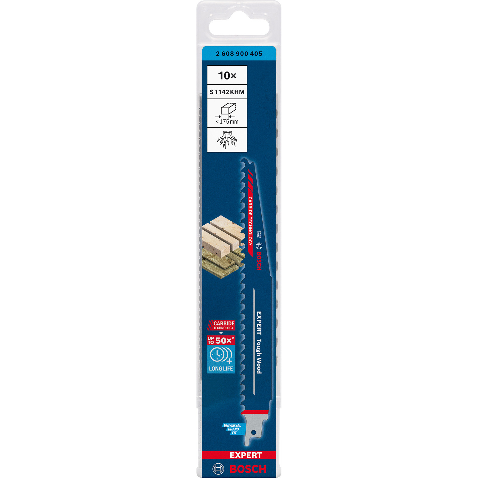 Eine Bosch Expert Tough Wood Sägeblattverpackung. Sie zeigt das Sägeblatt, seine Eigenschaften und das Bosch-Logo.