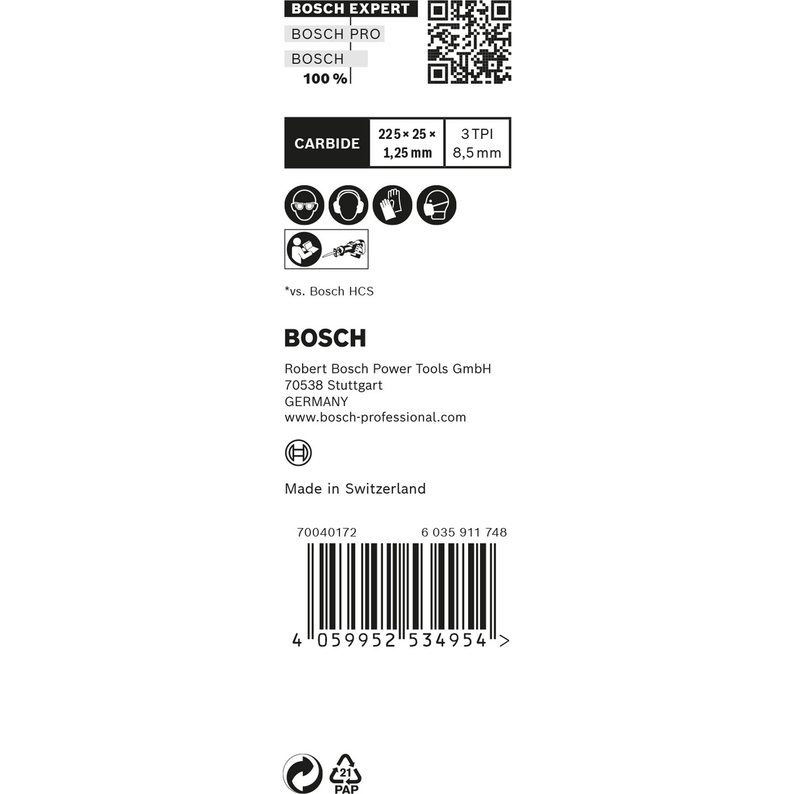Weißer Hintergrund mit Bosch-Produktinformationen. Text enthält Logos, Abmessungen und Sicherheitssymbole. Unten ist ein Barcode vorhanden.