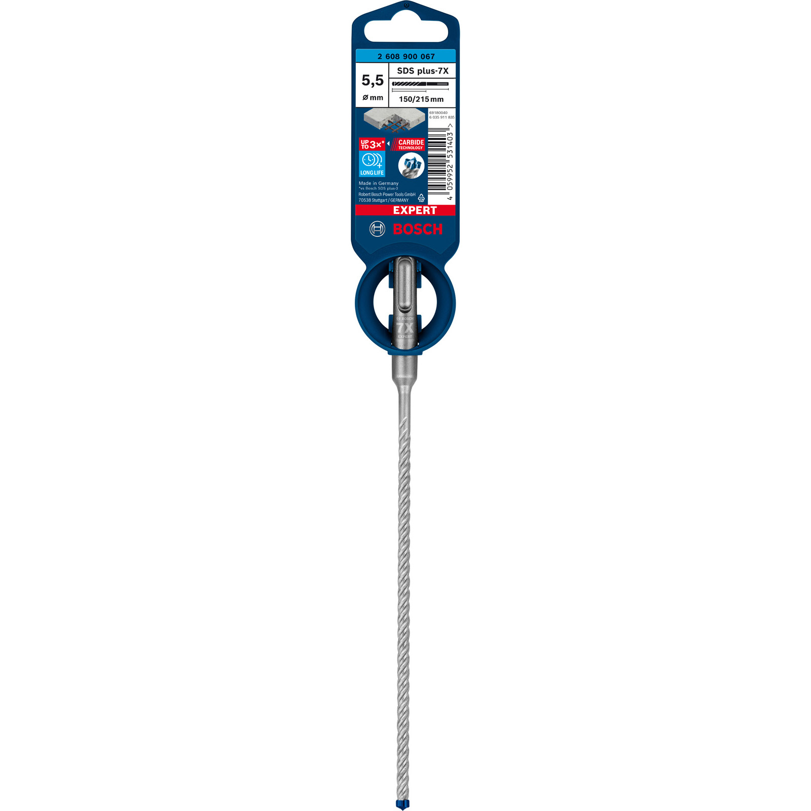 Bohrer Bosch SDS plus-7X. Er hat ein blaues und silbernes Farbschema. Die Verpackung zeigt Spezifikationen und Marken.