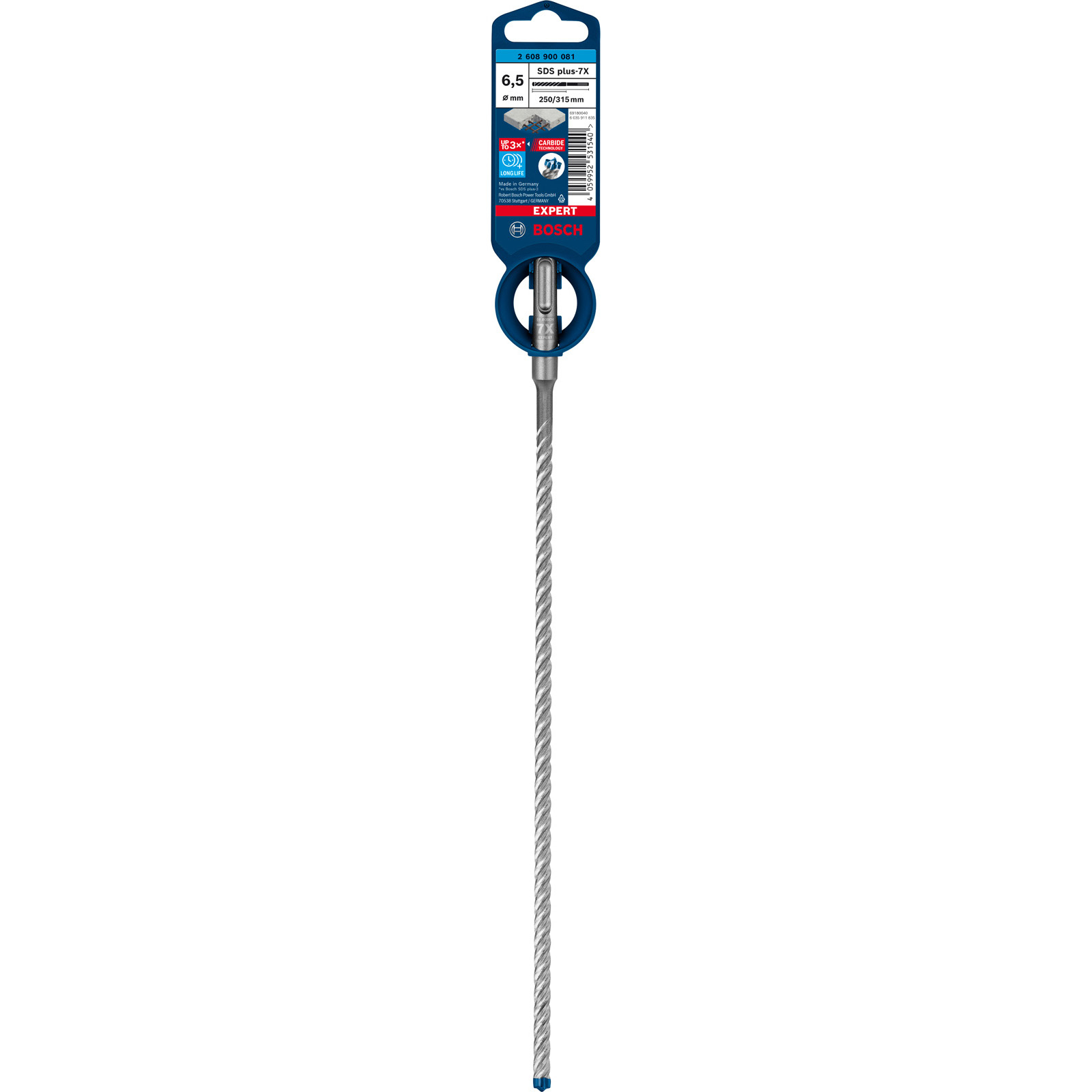 Ein Bosch SDS plus-7X Bohrer. Der Bohrer ist silberfarben und die Verpackung blau und weiß.