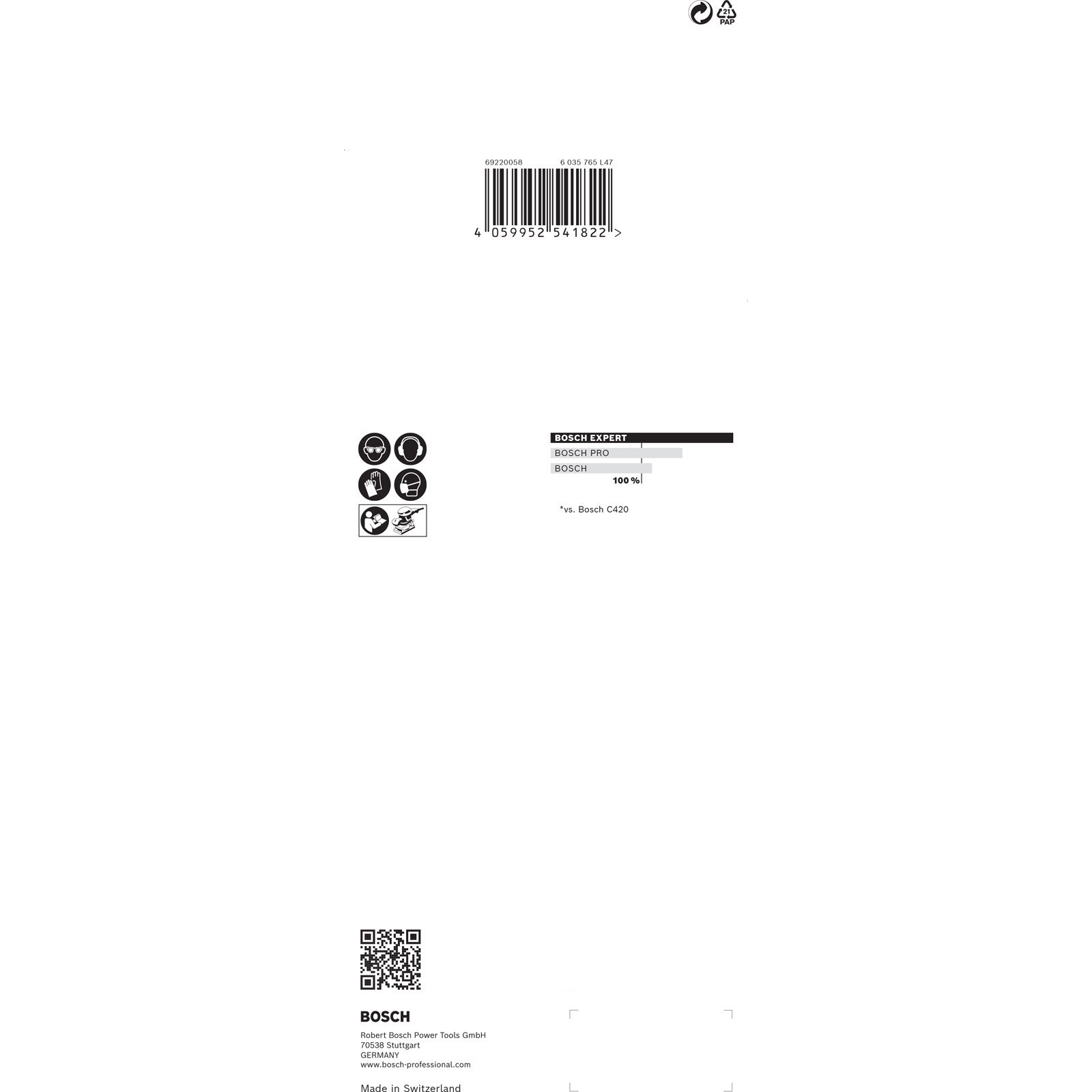 Weißer Hintergrund mit Bosch-Branding, Barcode, Sicherheitssymbolen und Vergleichstabelle.