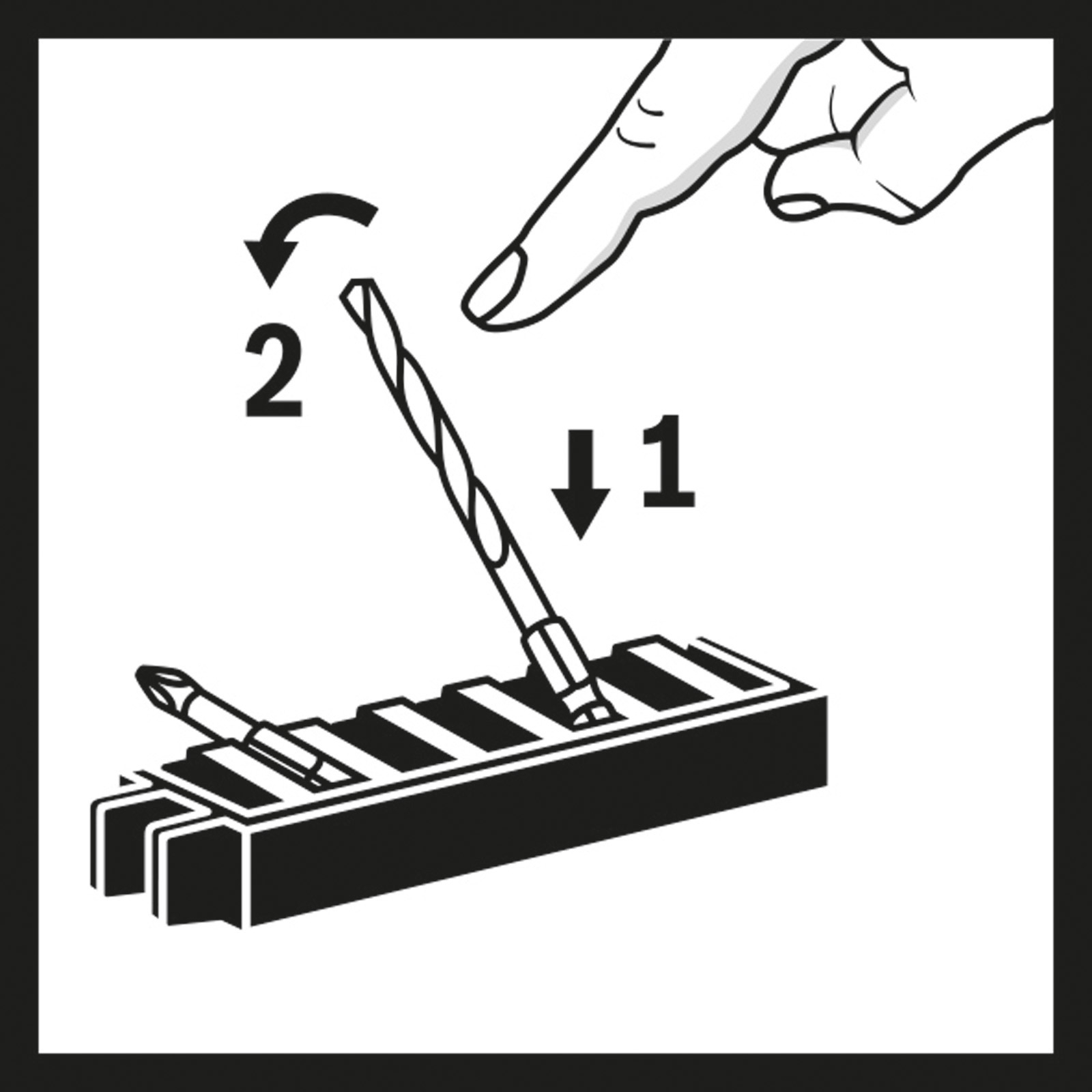 Diagramma che mostra una punta da trapano che viene inserita in un supporto. Un dito indica verso il basso, con frecce che indicano il processo.