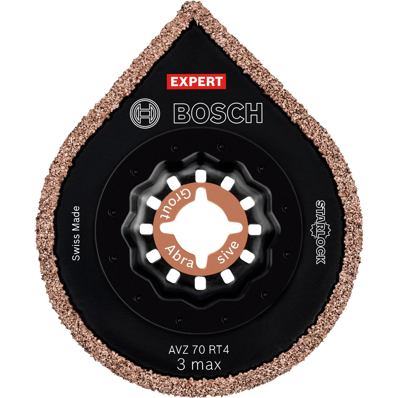 Eine tropfenförmige, schwarz-braune Schleifscheibe mit Bosch-Logo und "Expert"-Text, umgeben von Schleifmaterial.