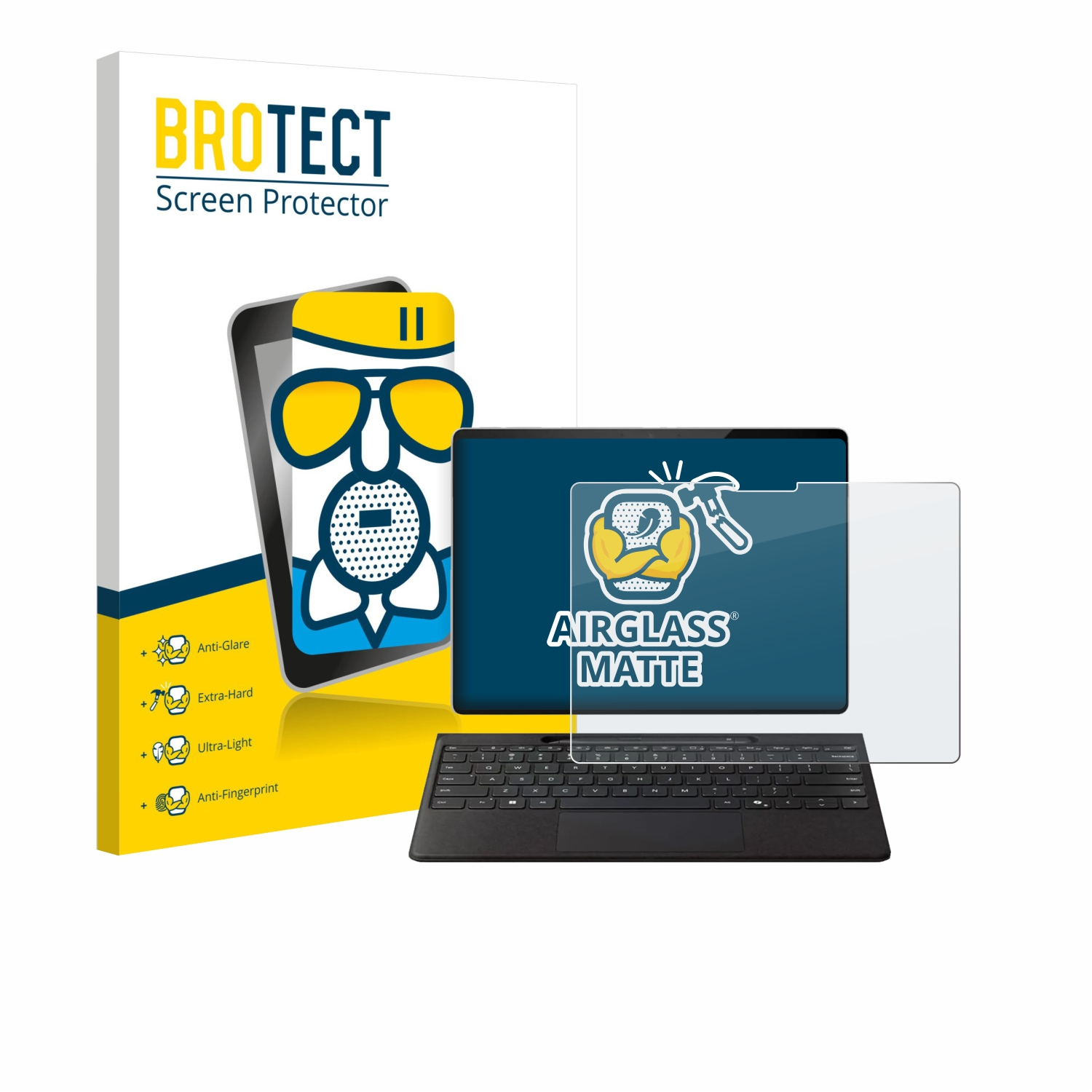 Eine Displayschutzbox, ein Laptop und eine Tastatur werden angezeigt. Die Box zeigt ein Cartoon-Gesicht mit Sonnenbrille. Der Bildschirm hat ein Logo.