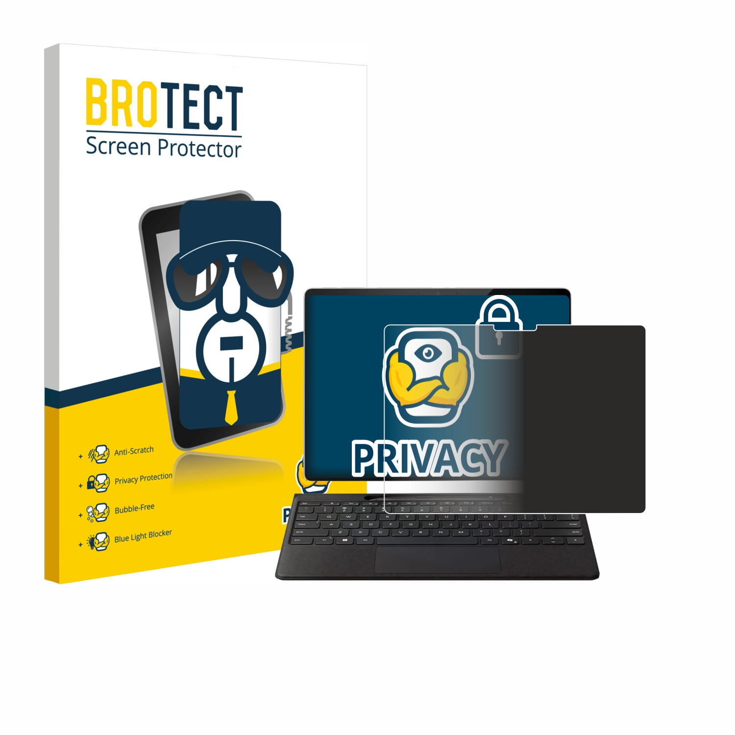 Eine Displayschutzbox, ein Laptop mit Displayschutz und eine Tastatur sind abgebildet. Der Displayschutz trägt das Wort 'PRIVACY'.