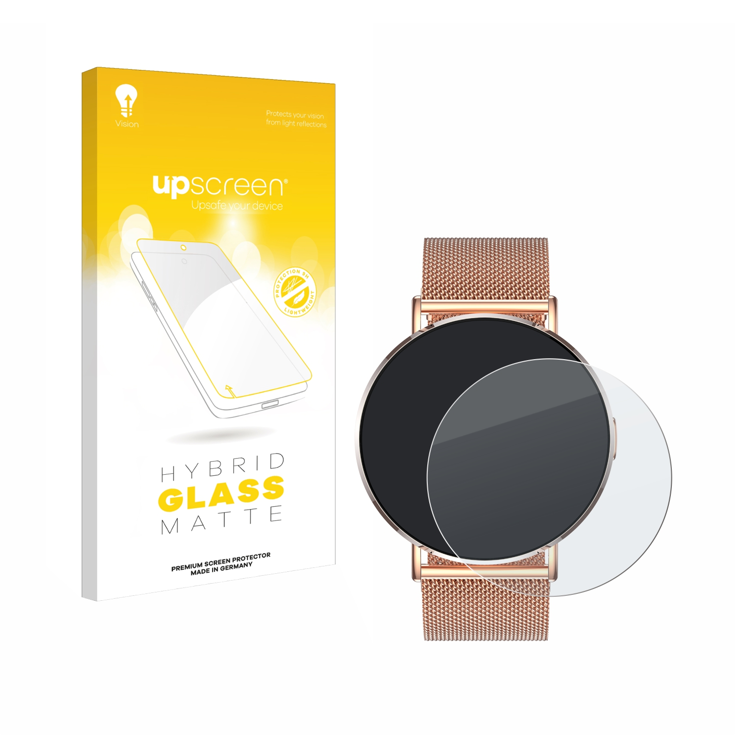 Eine Smartwatch mit Displayschutzfolie und eine Displayschutzfolienverpackung auf weißem Hintergrund. Die Verpackung ist gelb und weiß.