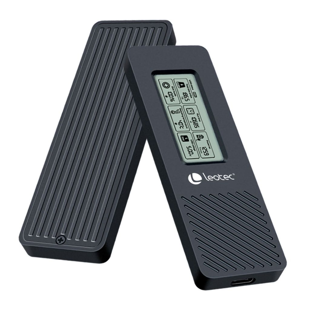Un dispositivo Leotec negro con una pantalla que muestra lecturas. Detrás hay otro panel negro. El dispositivo tiene una superficie acanalada.