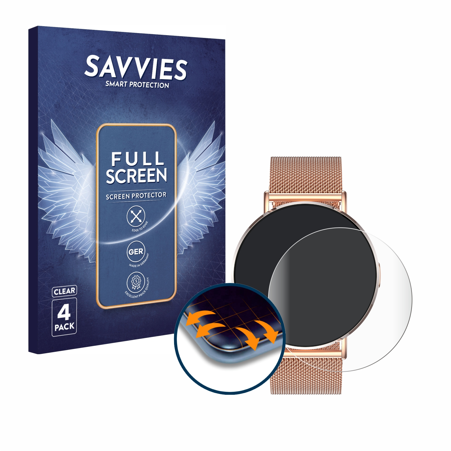 Eine Uhr mit roségoldenem Armband und einem Displayschutz neben einer Schachtel mit dem Text SAVVIES und FULL SCREEN.