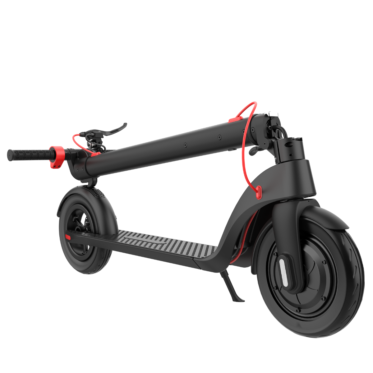 Czarna hulajnoga elektryczna na białym tle. Czerwone akcenty na kierownicy i kablach. Widoczne przednie koło.