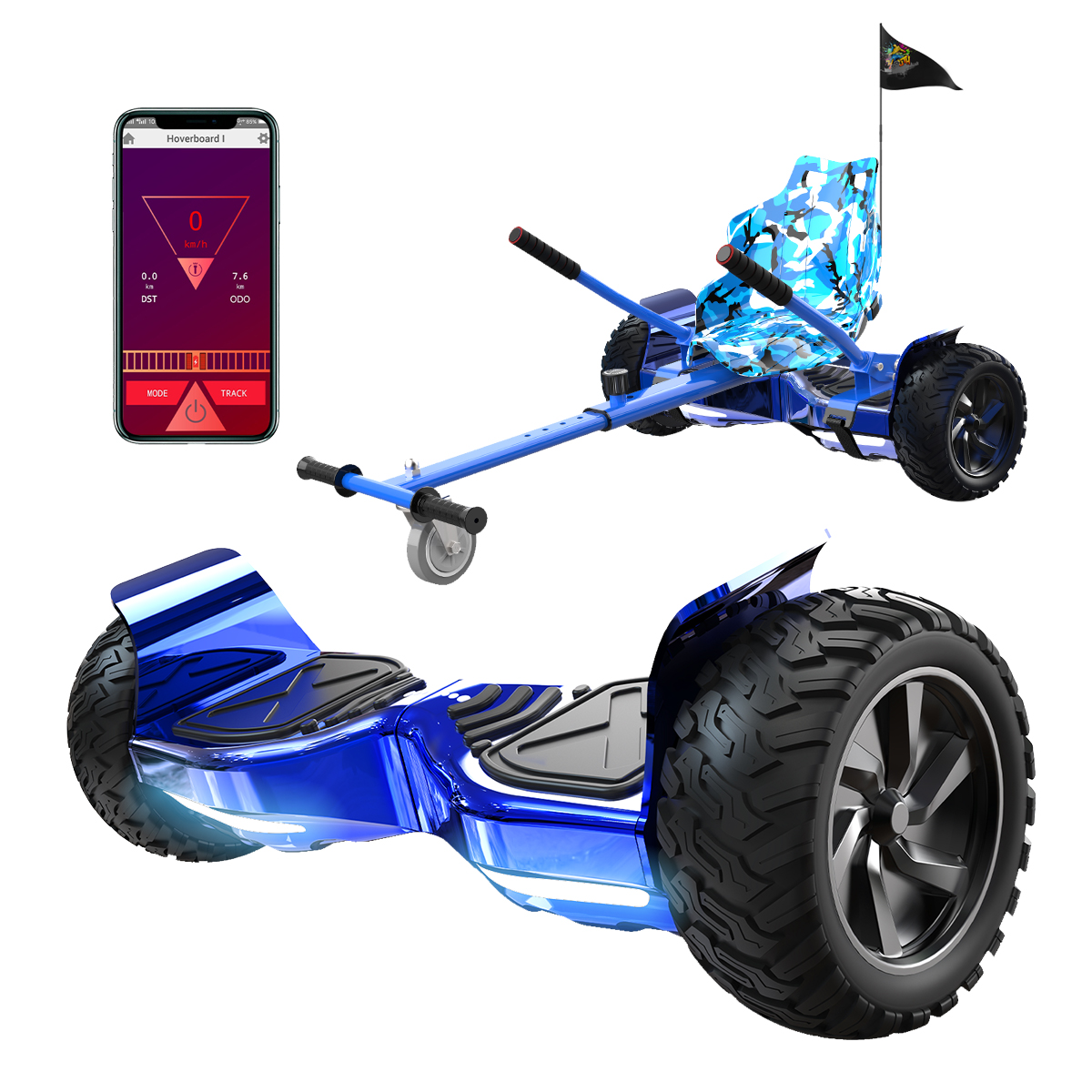 Hoverboard azul con asiento, bandera y teléfono que muestra la velocidad. El hoverboard tiene neumáticos grandes y un asiento azul camuflado.