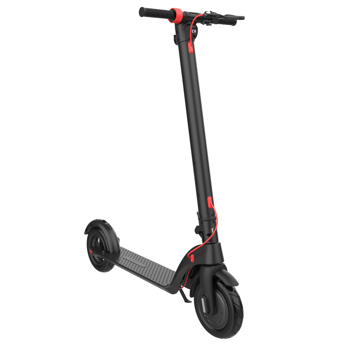 Czarna hulajnoga elektryczna z czerwonymi akcentami. Posiada kierownicę, platformę i dwa koła. Tło jest białe.