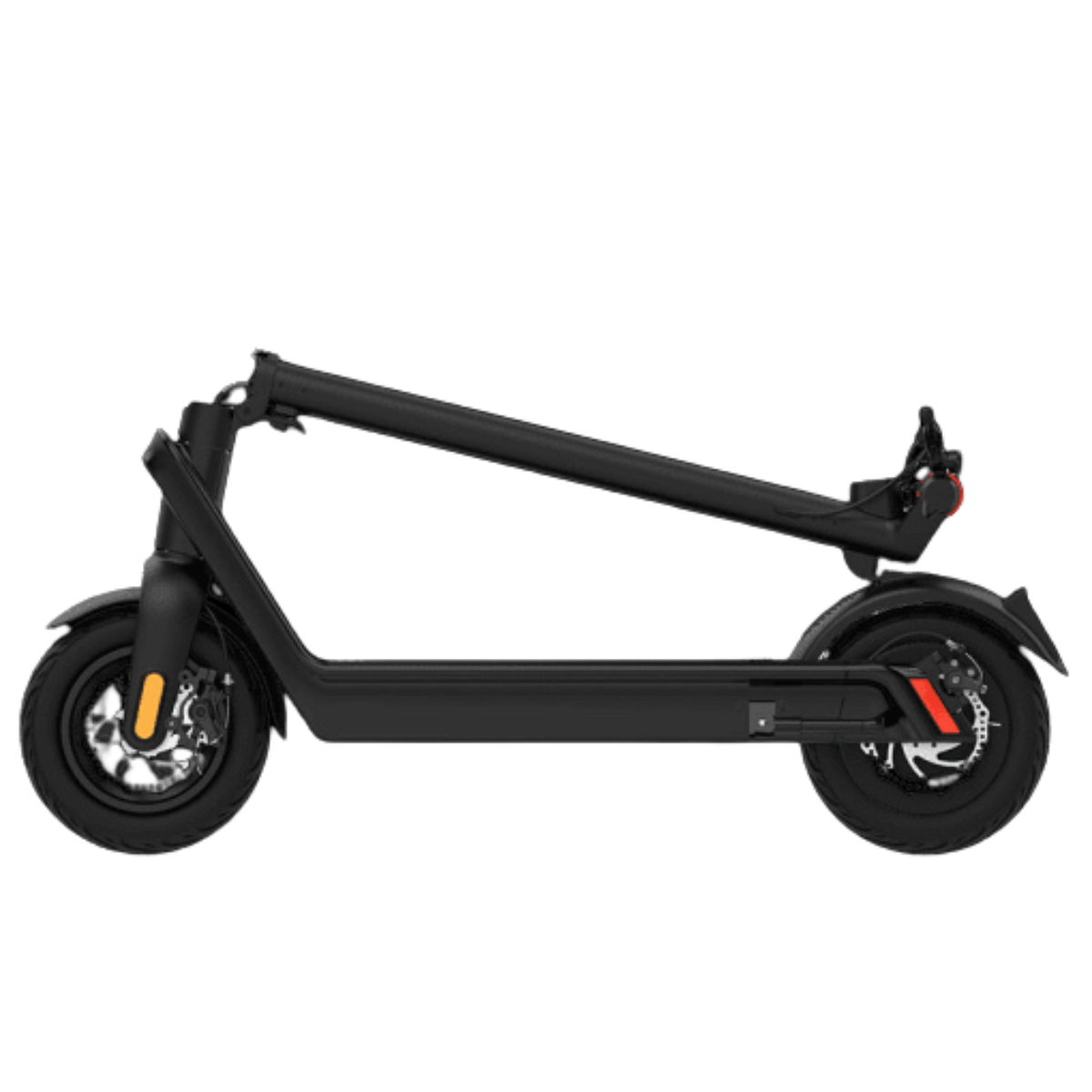 Czarny skuter elektryczny na białym tle. Ma dwa koła, kierownicę i podnóżek. Skuter jest złożony.