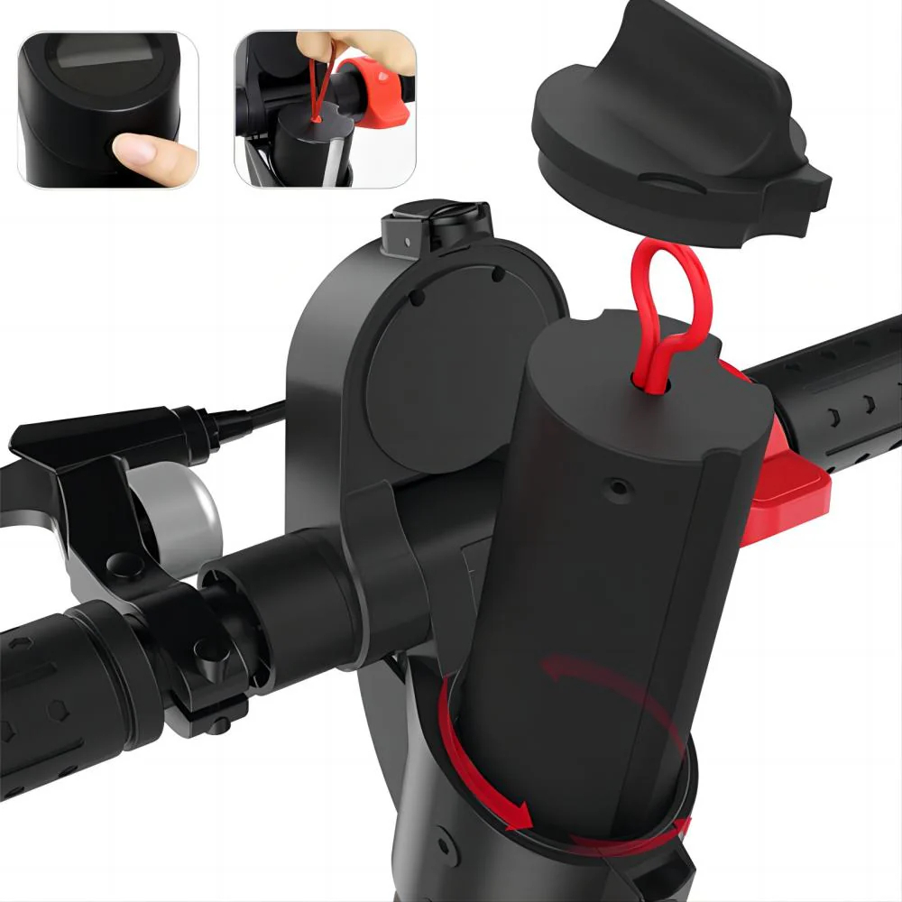 Szczegół czarnej hulajnogi elektrycznej. Czerwony sznurek na czarnej baterii, z ręką ciągnącą. Wyświetlacz i pokrywa również pokazane.