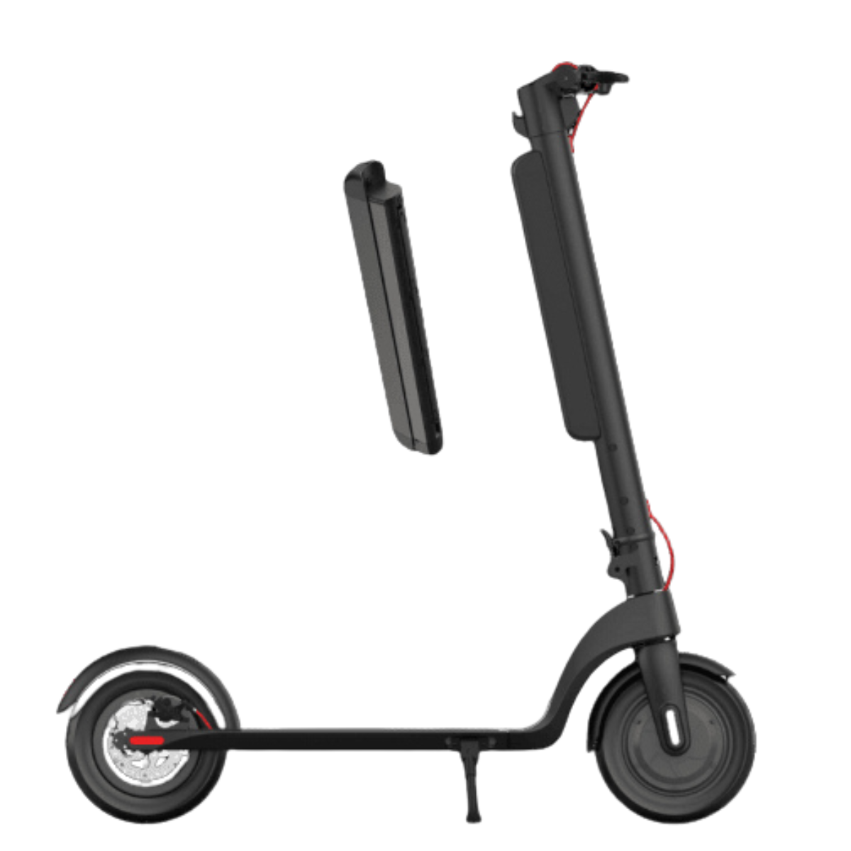 Czarna hulajnoga elektryczna z odłączoną baterią. Koła, kierownica i rama są czarne. Widoczny czerwony kabel. Białe tło.