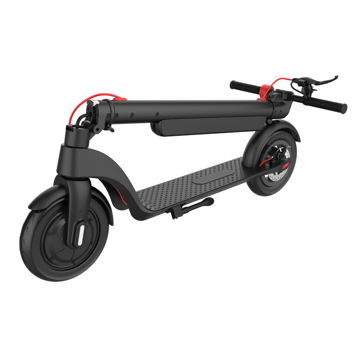 Czarna hulajnoga elektryczna na białym tle. Ma czerwone akcenty na kierownicy i kablach. Opony są czarne.