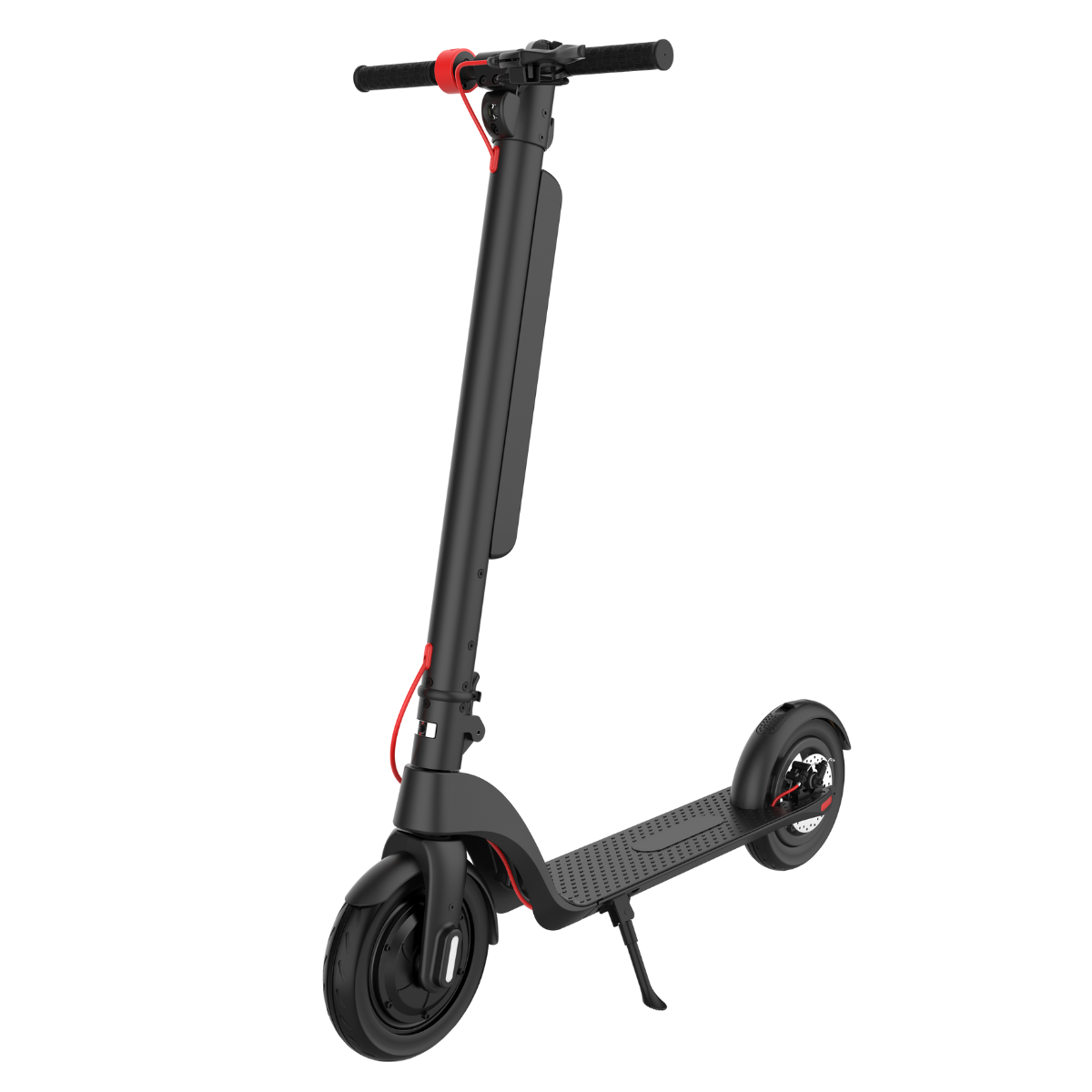 Czarna hulajnoga elektryczna z czerwonymi akcentami. Stoi na białym tle. Hulajnoga ma dwa koła i kierownicę.