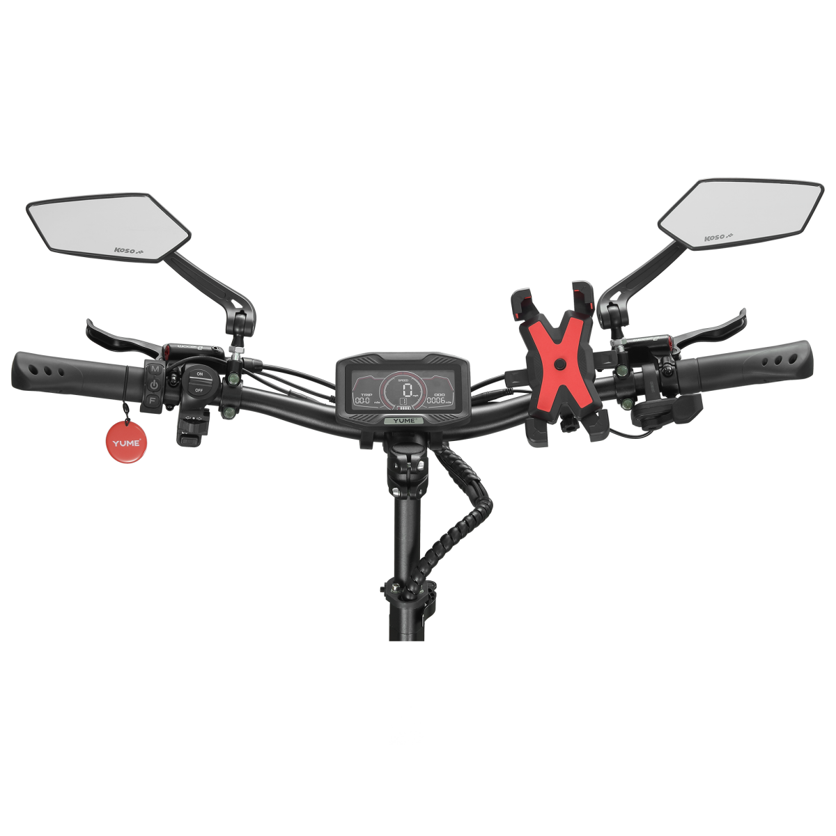 Kierownica skutera elektrycznego z lusterkami, wyświetlaczem i uchwytem na telefon. Prędkościomierz pokazuje '0'. Zawiera markę 'YUME'.