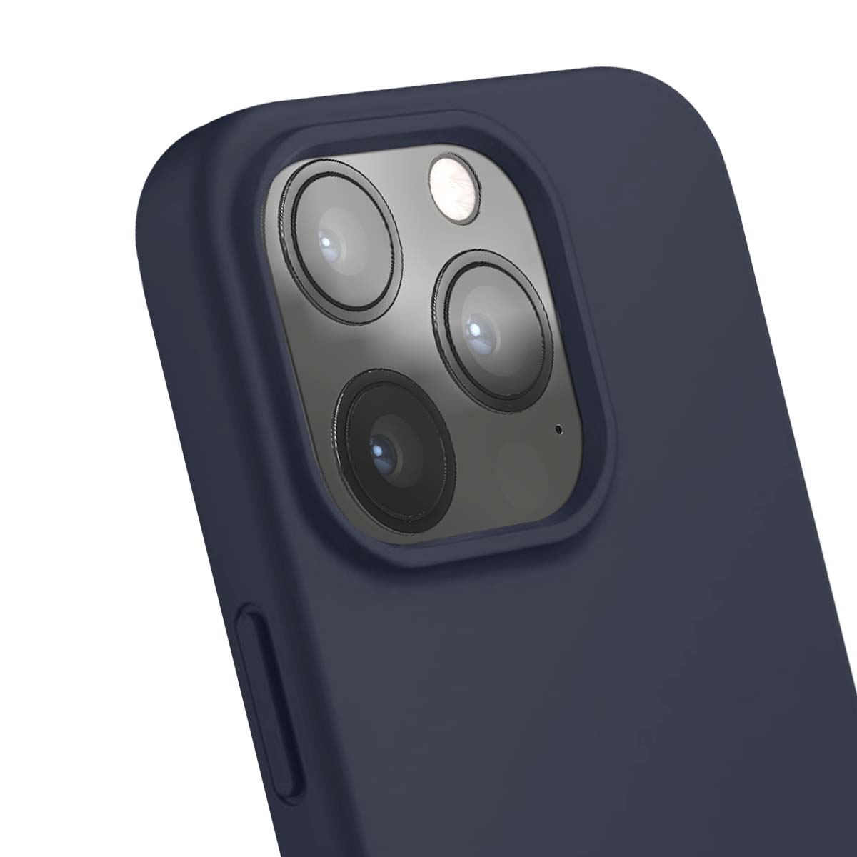 Primo piano di una custodia blu navy con un array di lenti della fotocamera. La custodia ha una finitura opaca. Le lenti della fotocamera sono prominenti.