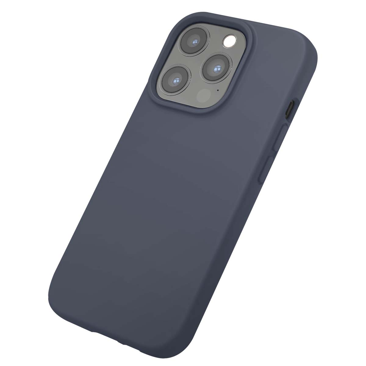 Una custodia per telefono blu scuro con lenti della fotocamera è mostrata su uno sfondo bianco. La custodia è angolata, rivelando i pulsanti laterali.