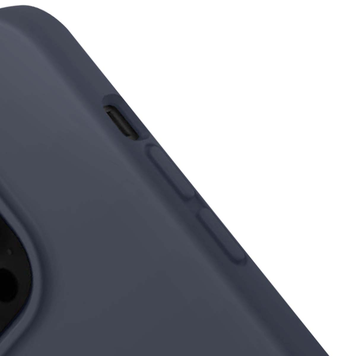 Primo piano di un telefono blu scuro. Il lato mostra il pulsante di accensione e i pulsanti del volume. Sfondo bianco.