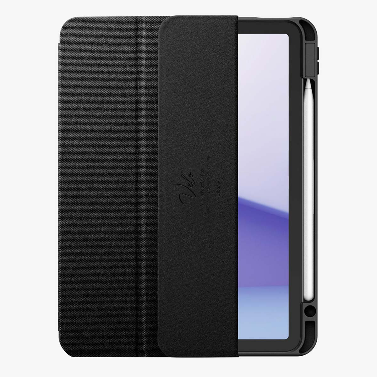 Black tablet case with a partially open cover, revealing a screen and stylus. The case has a textured finish and a logo.
