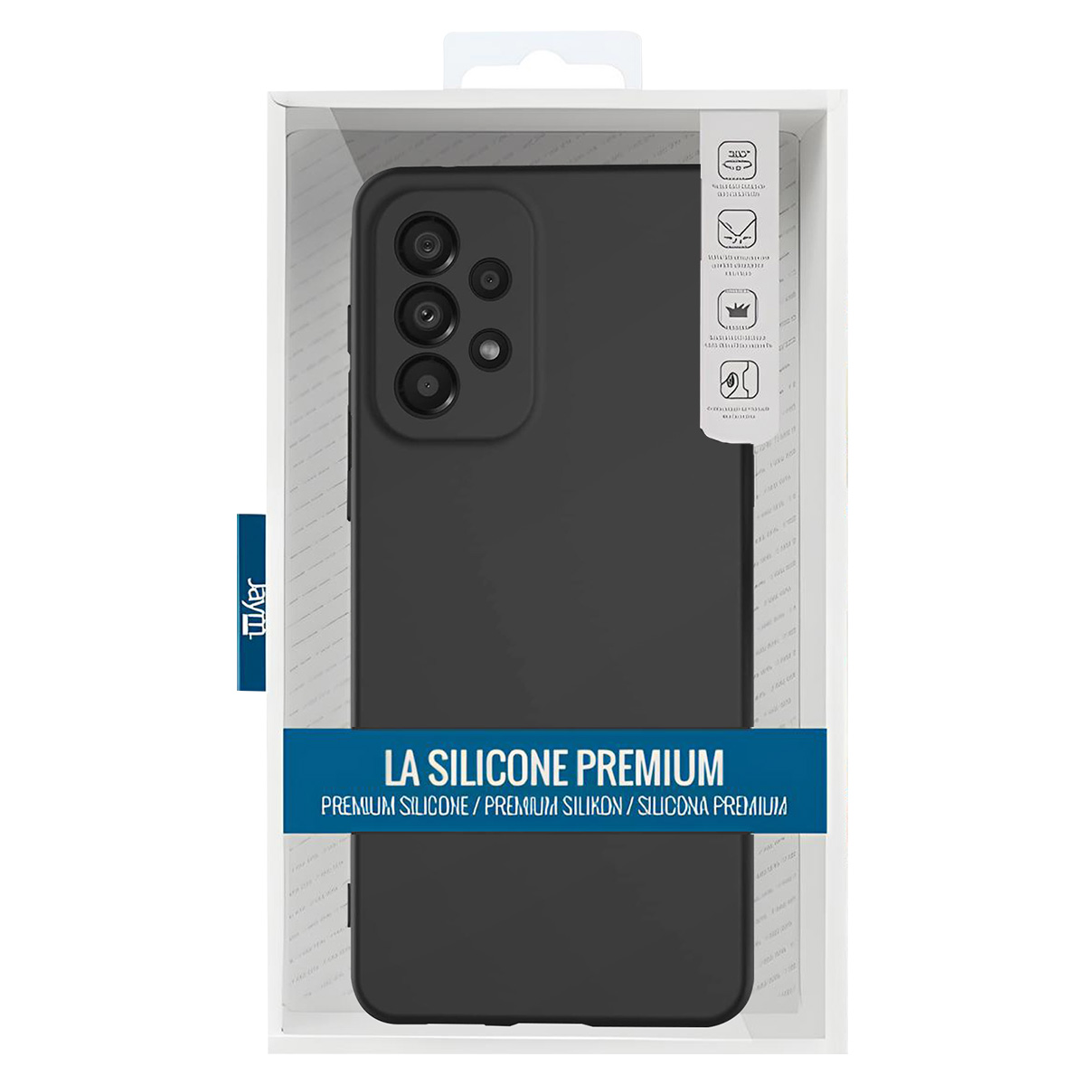 Custodia nera per telefono dentro una scatola bianca. Il testo dice 'LA SILICONE PREMIUM'. Il marchio 'Jaym' è a sinistra.