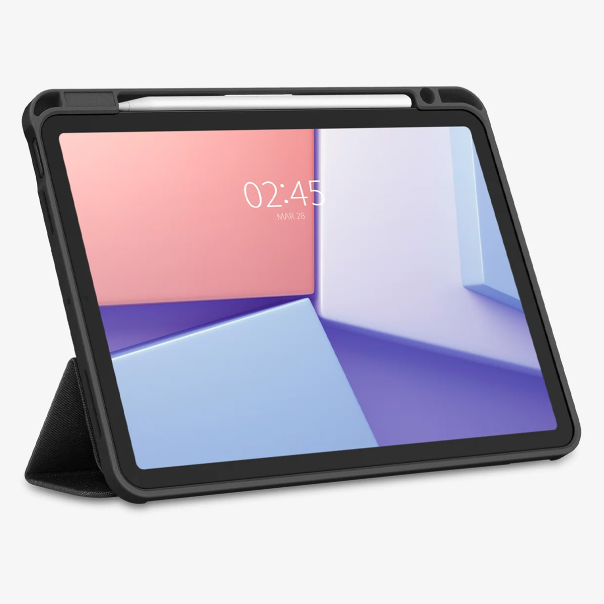 Tablet in black case, displaying a colorful geometric background with a stylus on top. Time is 02:45, date is Mar 28.