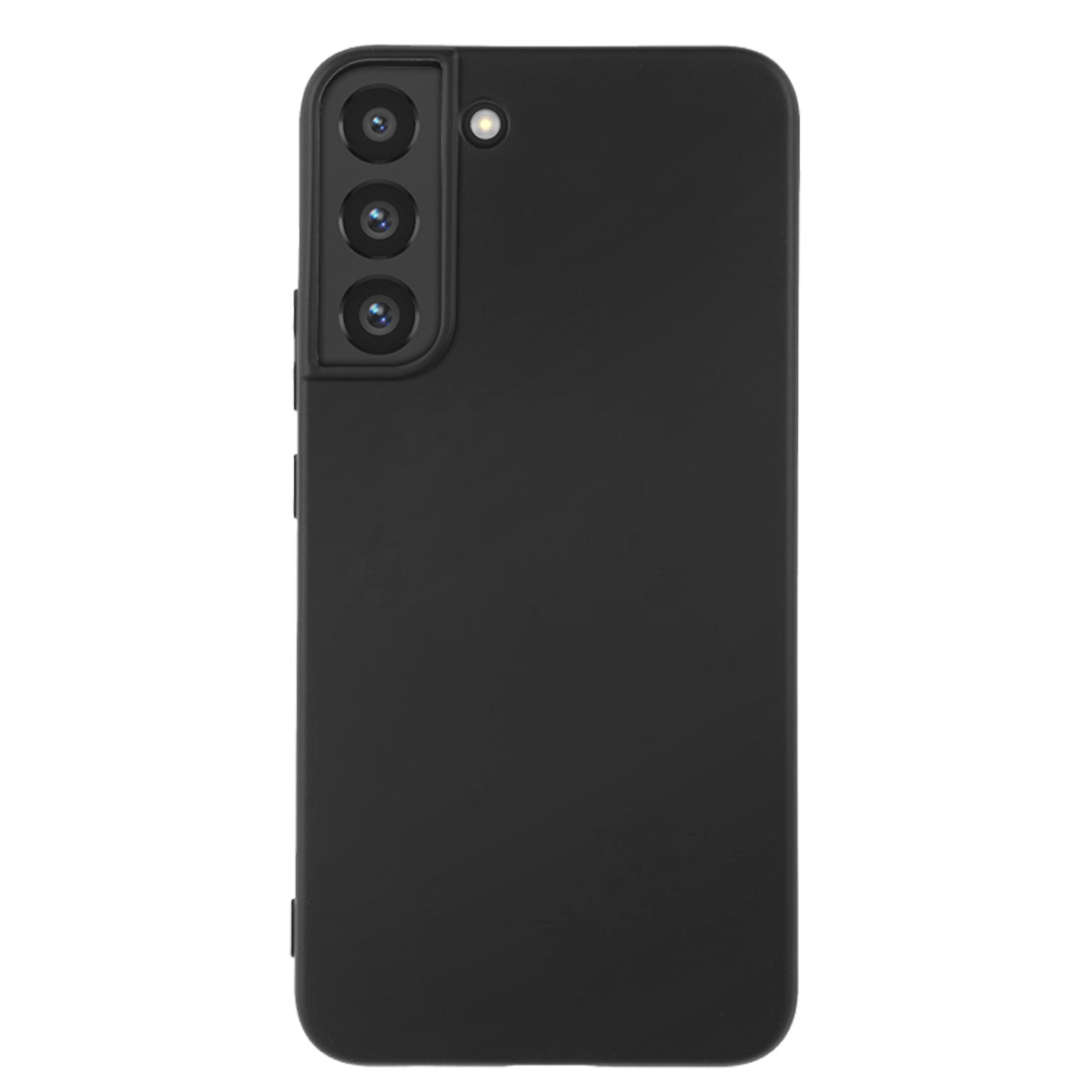 Una custodia nera per smartphone con una configurazione a tripla fotocamera e un flash in alto a sinistra. La custodia è semplice e opaca.