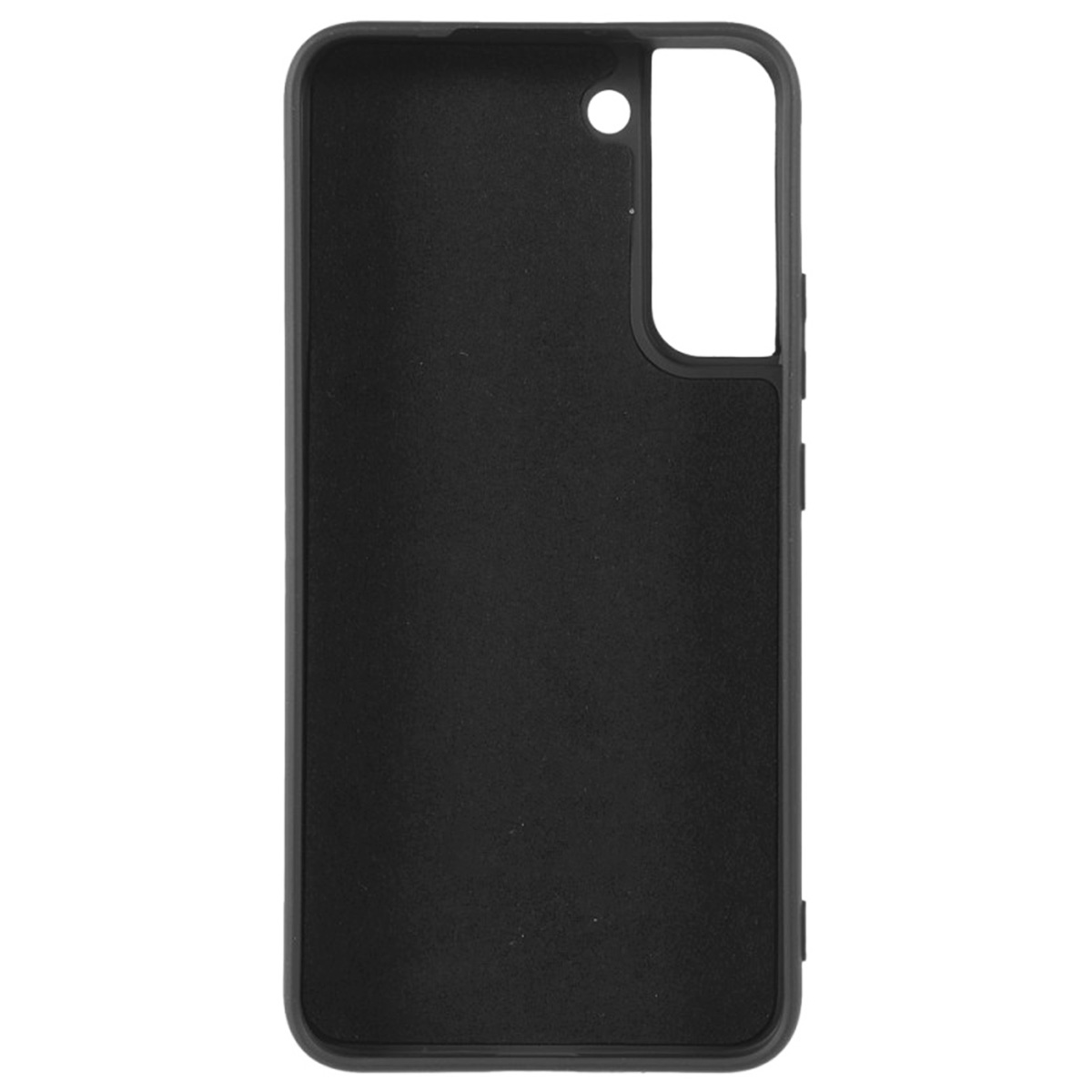 Una custodia nera per telefono. Ha ritagli per la fotocamera e i pulsanti. Lo sfondo è bianco.