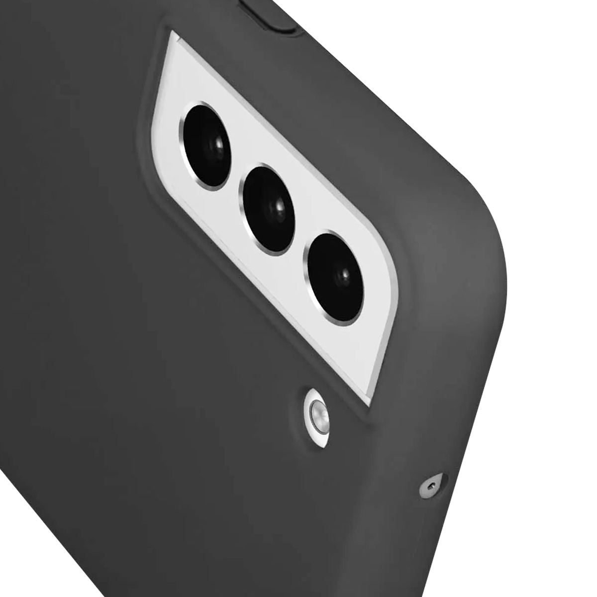 Primo piano di una custodia per telefono grigio scuro. Sono visibili tre obiettivi, circondati da un bordo bianco. La custodia è angolata.