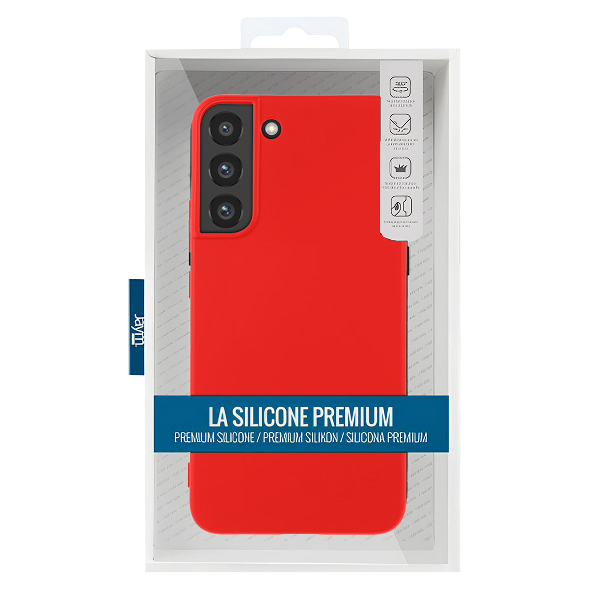 Una custodia rossa per telefono in una scatola. Le parole "LA SILICONE PREMIUM" sono visibili. La custodia ha una fotocamera e un marchio.