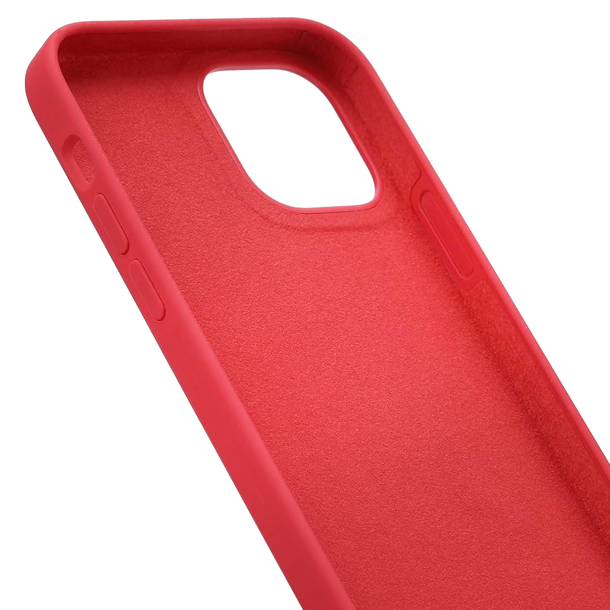 L'interno di una custodia rossa per telefono è mostrato in diagonale. La custodia ha un ritaglio per la fotocamera e rientranze per i pulsanti. La consistenza è opaca.