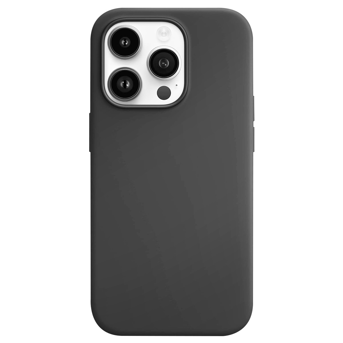Uno smartphone grigio scuro con una fotocamera a tripla lente è mostrato su uno sfondo bianco. Il telefono è in una custodia.