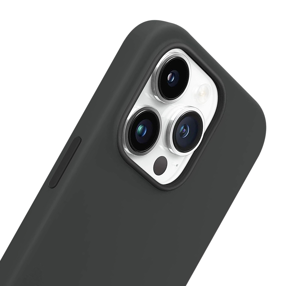 Primo piano di una custodia per telefono grigio scuro con tre obiettivi della fotocamera visibili. La custodia è angolata, con un pulsante laterale e sfondo bianco.