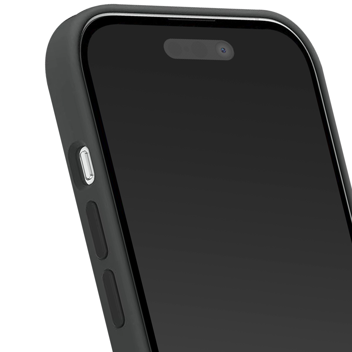 Primo piano di uno smartphone nero in una custodia grigia. Lo schermo è nero, con elementi della fotocamera visibili. Pulsanti laterali visibili.