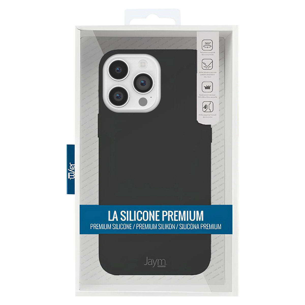 Custodia nera per iPhone in confezione trasparente. Testo: LA SILICONE PREMIUM. Marchio: Jaym. La custodia ha tre lenti per fotocamera.