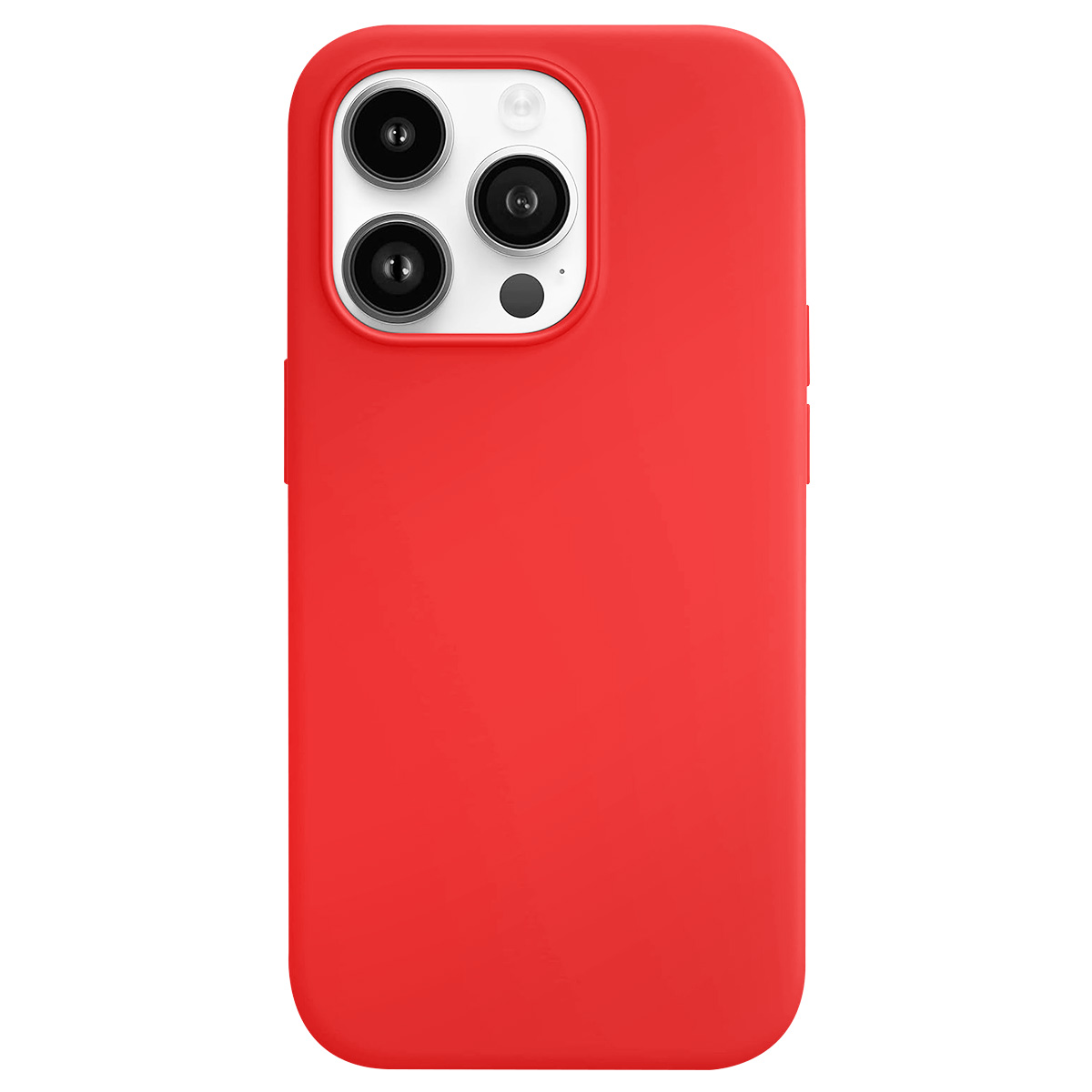 Una custodia rossa per telefono con un gruppo fotocamere. La custodia copre la parte posteriore e i lati del telefono. Il gruppo fotocamere ha più lenti e un flash.